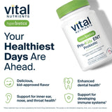 Hyperbiotics Vital Nutrients Pro Kids ENT niño tomando tableta masticable en casa.