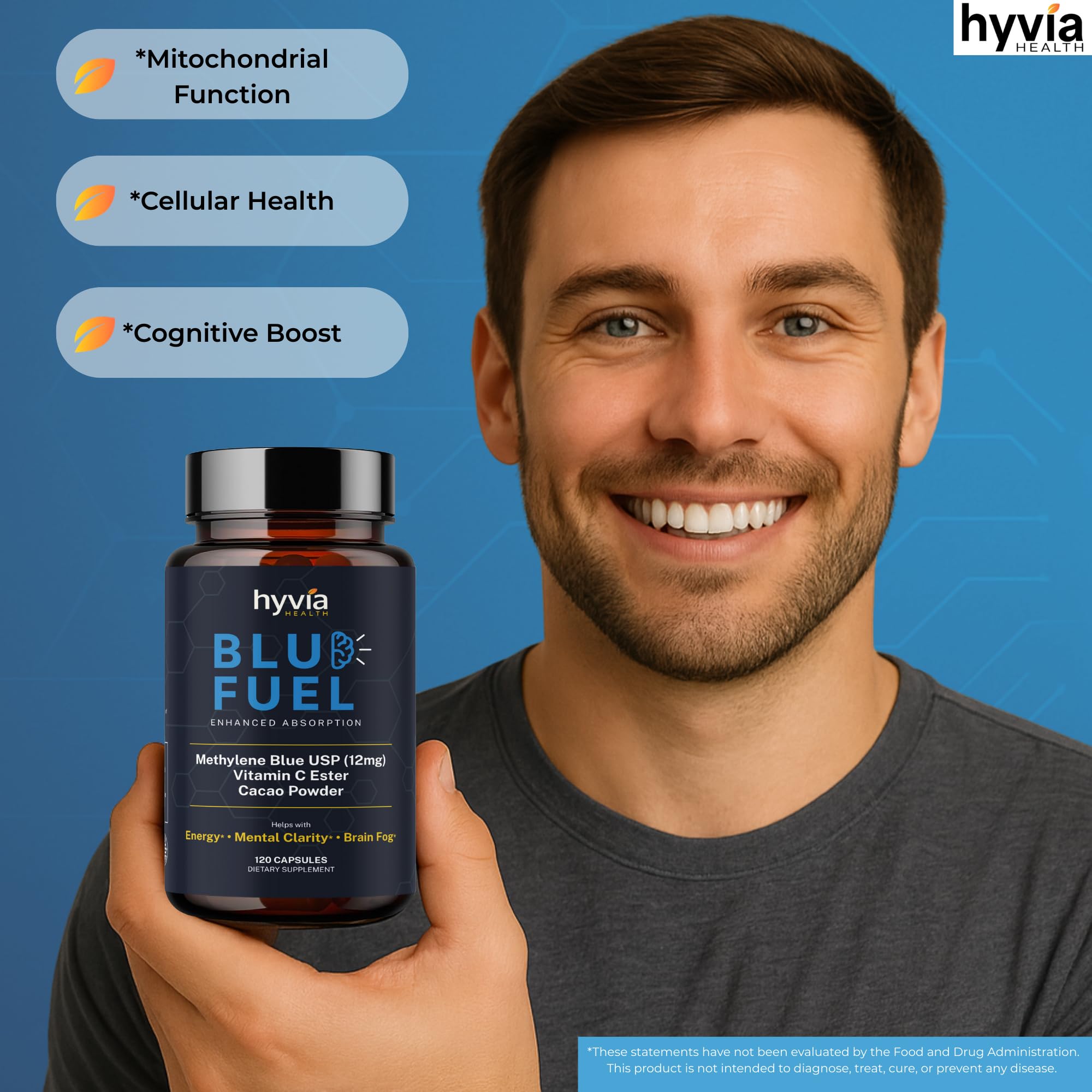 Botella ámbar Hyvia Health Methylene Blue protege el contenido