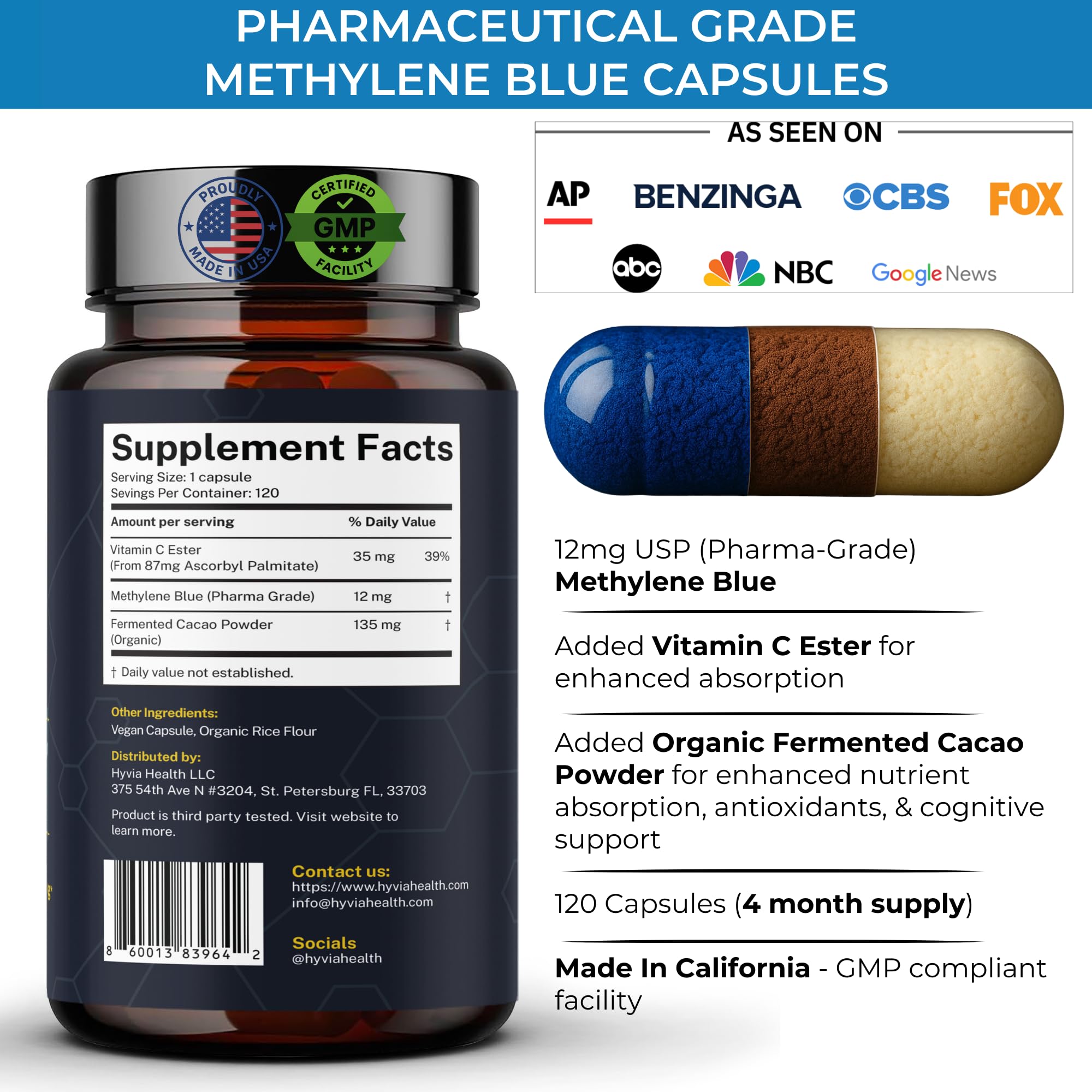 Etiqueta frontal de Hyvia Health Methylene Blue con información de absorción