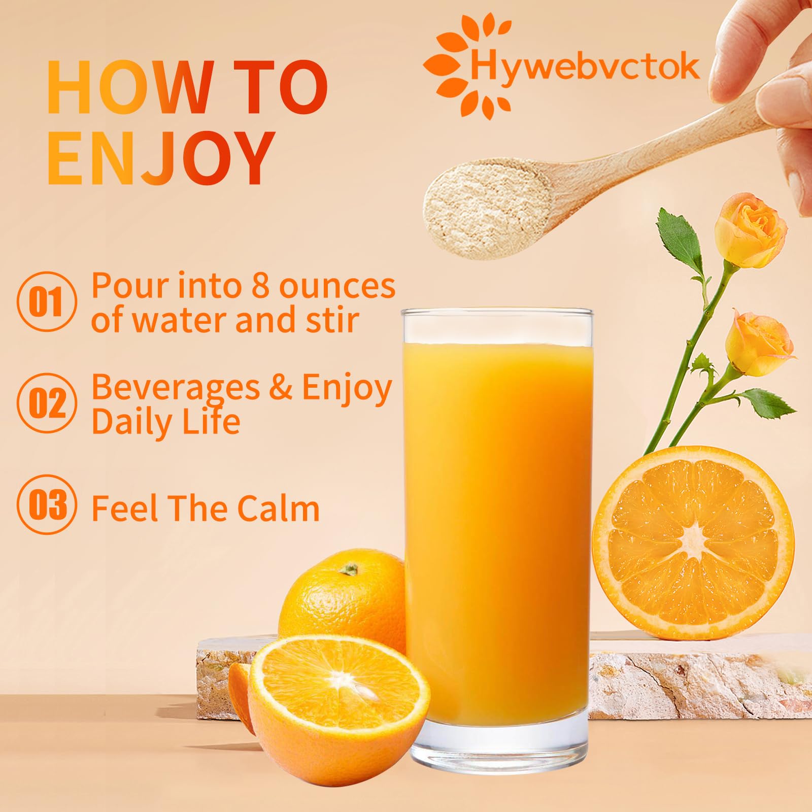 Etiqueta de Hywebvctok con ingredientes destacando Ashwagandha y L-Theanine.