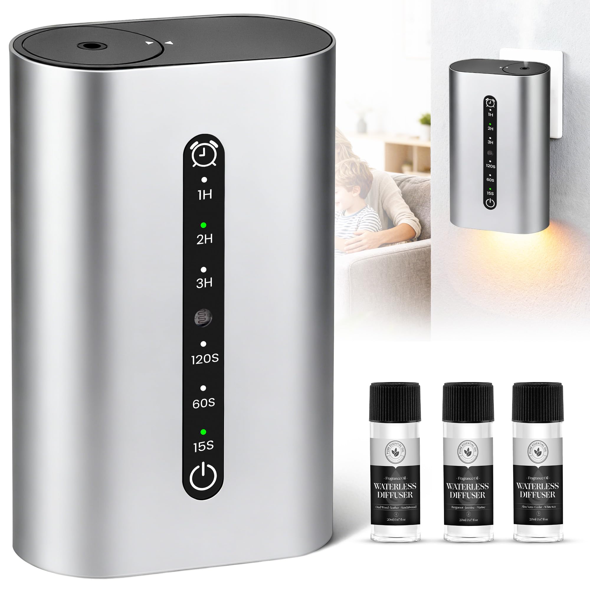 HZQVA Difusor aroma en enchufe inteligente, diseño compacto para espacios pequeños.