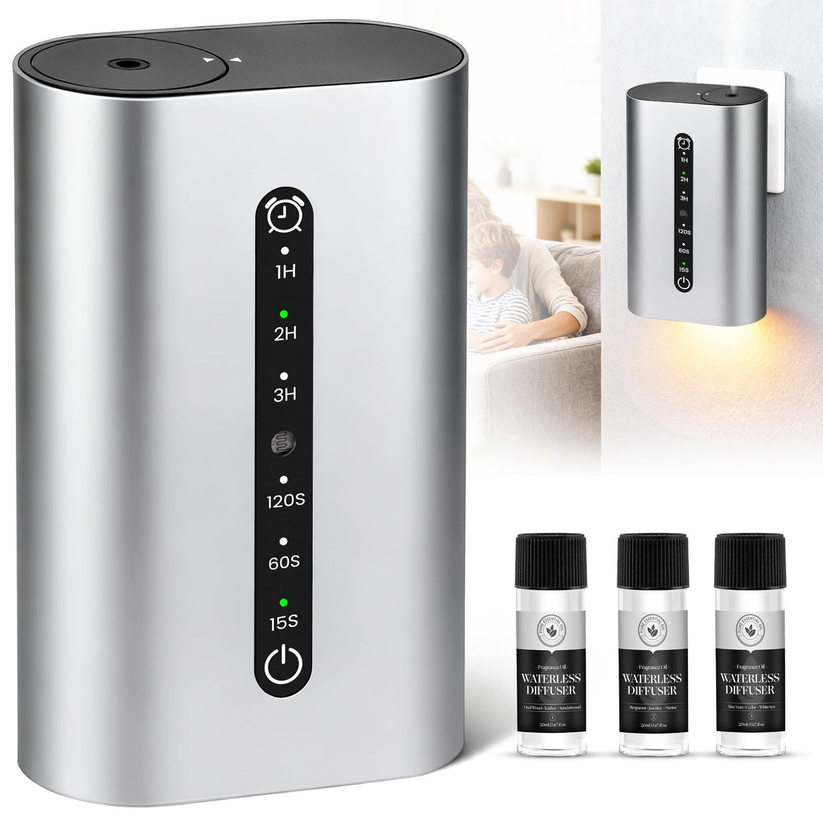 HZQVA Difusor aroma en enchufe inteligente, diseño compacto para espacios pequeños.