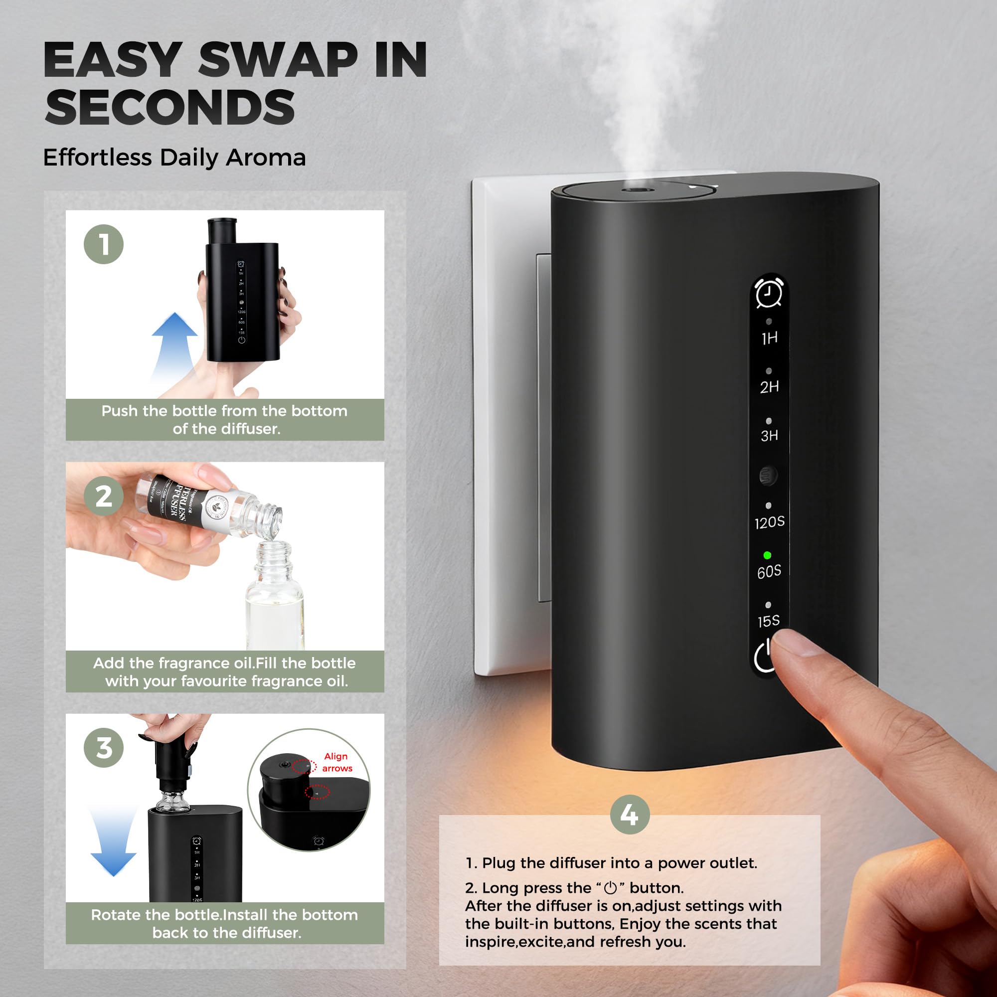 HZQVA difusor de aroma con temporizadores 1h, 2h, 3h y 8h.