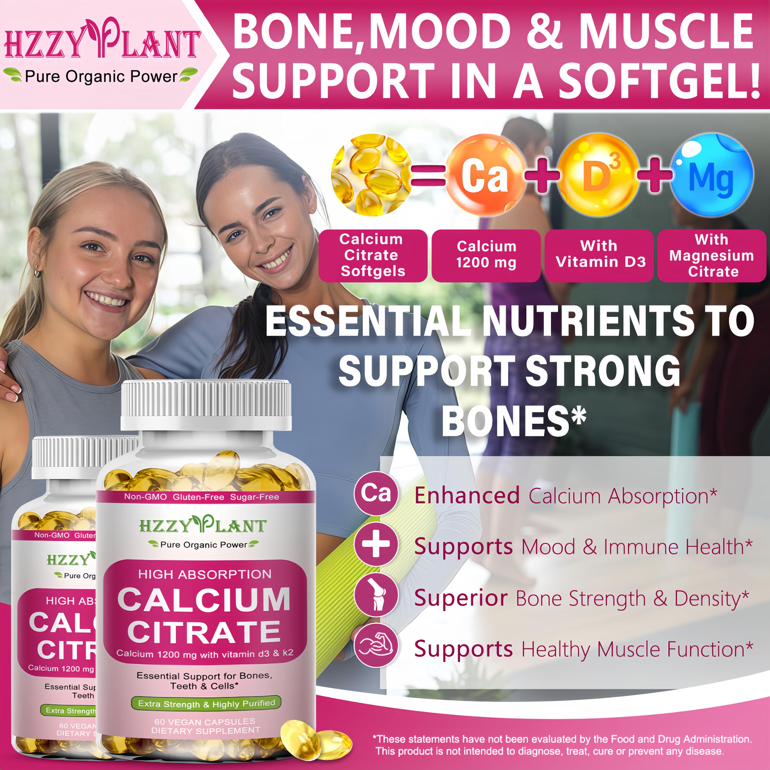 Citrato de calcio en cápsulas HZZYPLANT con vitamina D3 y magnesio para soporte.