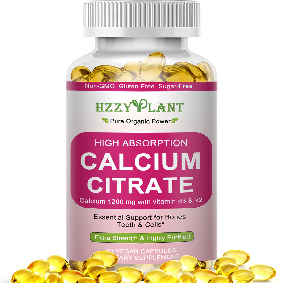HZZYPLANT calcio Citrato 1200mg, botella: apoyo a huesos fuertes y absorción eficiente.