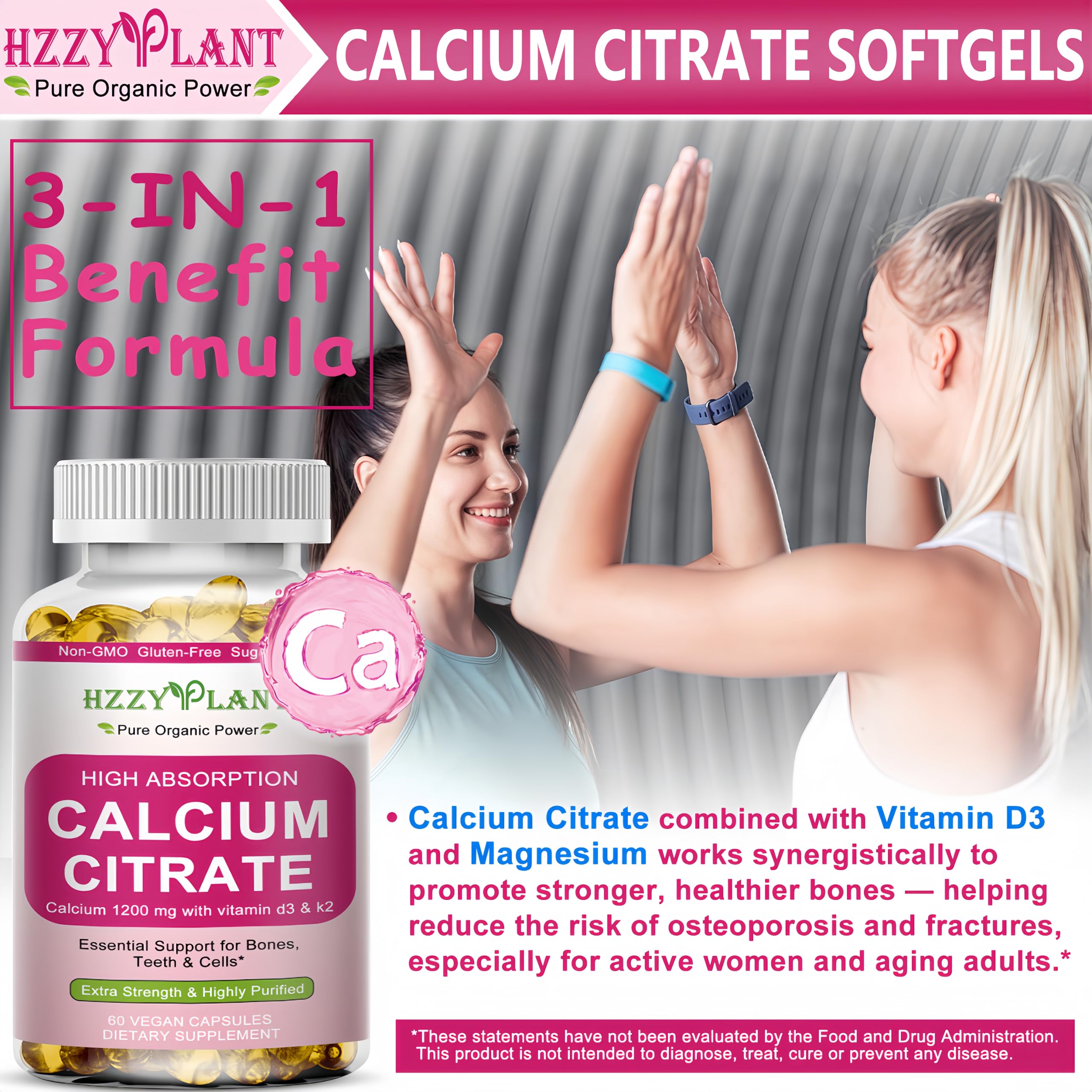 Cápsulas HZZYPLANT calcio 1200mg con D3 y K2 y magnesio para absorción estable.