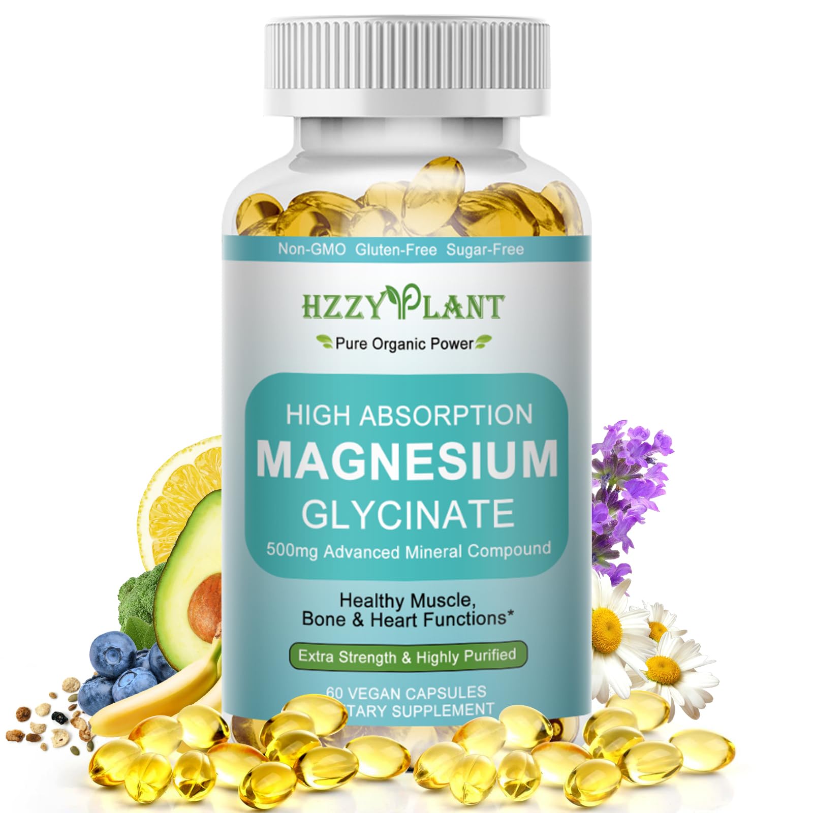 HZZYPLANT Magnesio glicinato 500 mg, botella para relajación muscular y sueño.