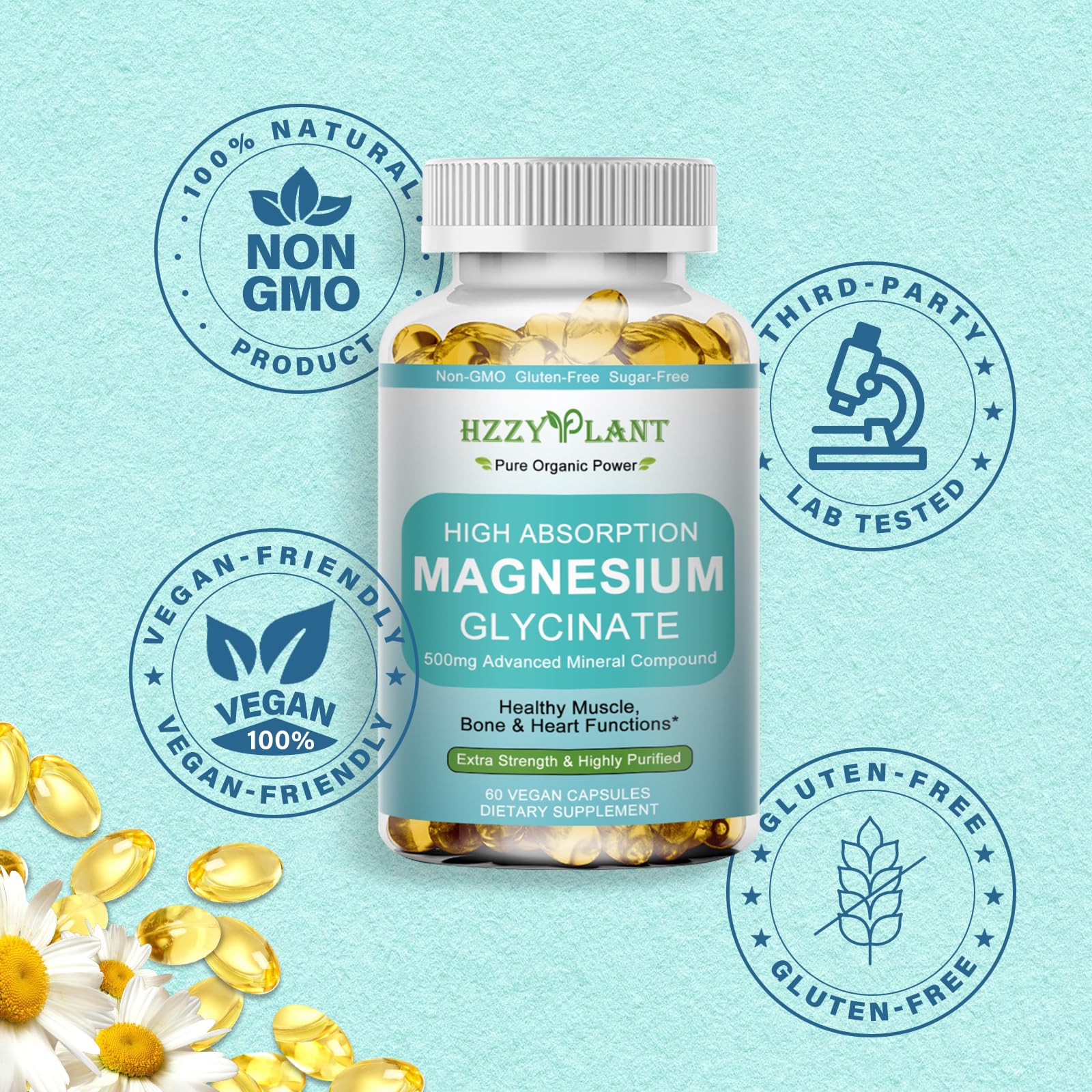 Cápsulas veganas de HZZYPLANT magnesio glicinato para estómago suave.