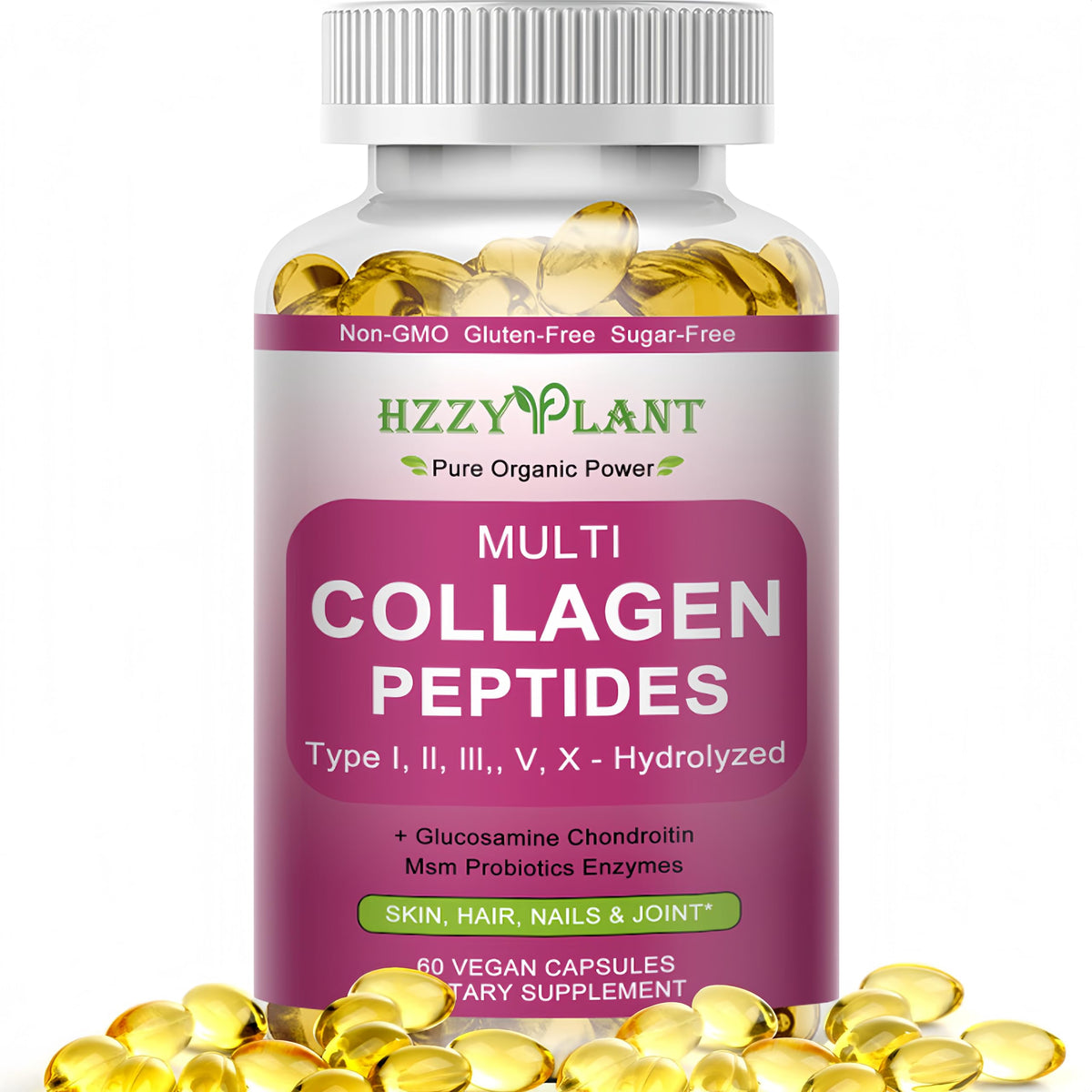 HZZYPLANT Cápsulas Blandas de Colágeno Múltiple: botella para uso diario y cuidado de piel.