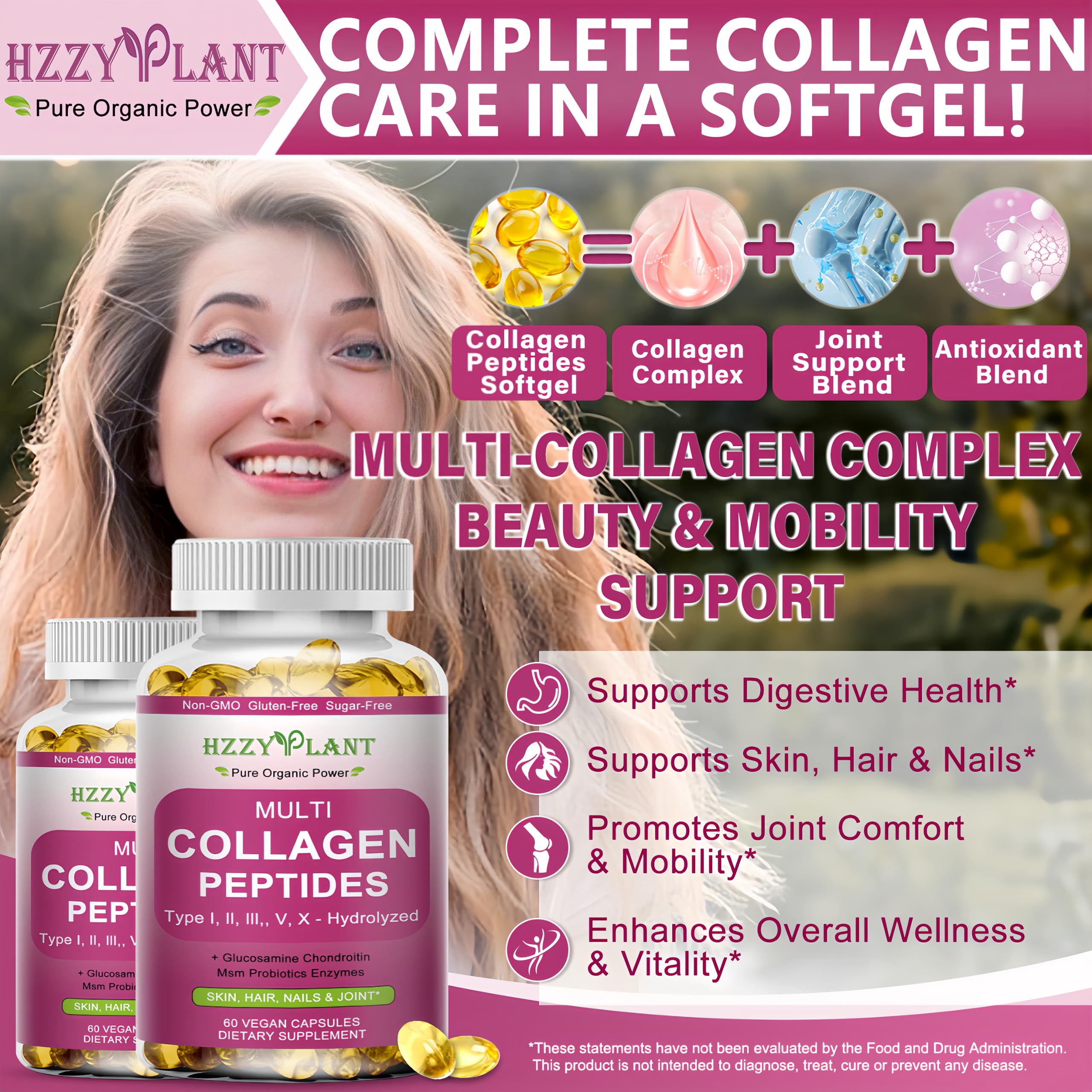 HZZYPLANT Cápsulas Blandas: ingredientes clave para belleza y movilidad diaria.