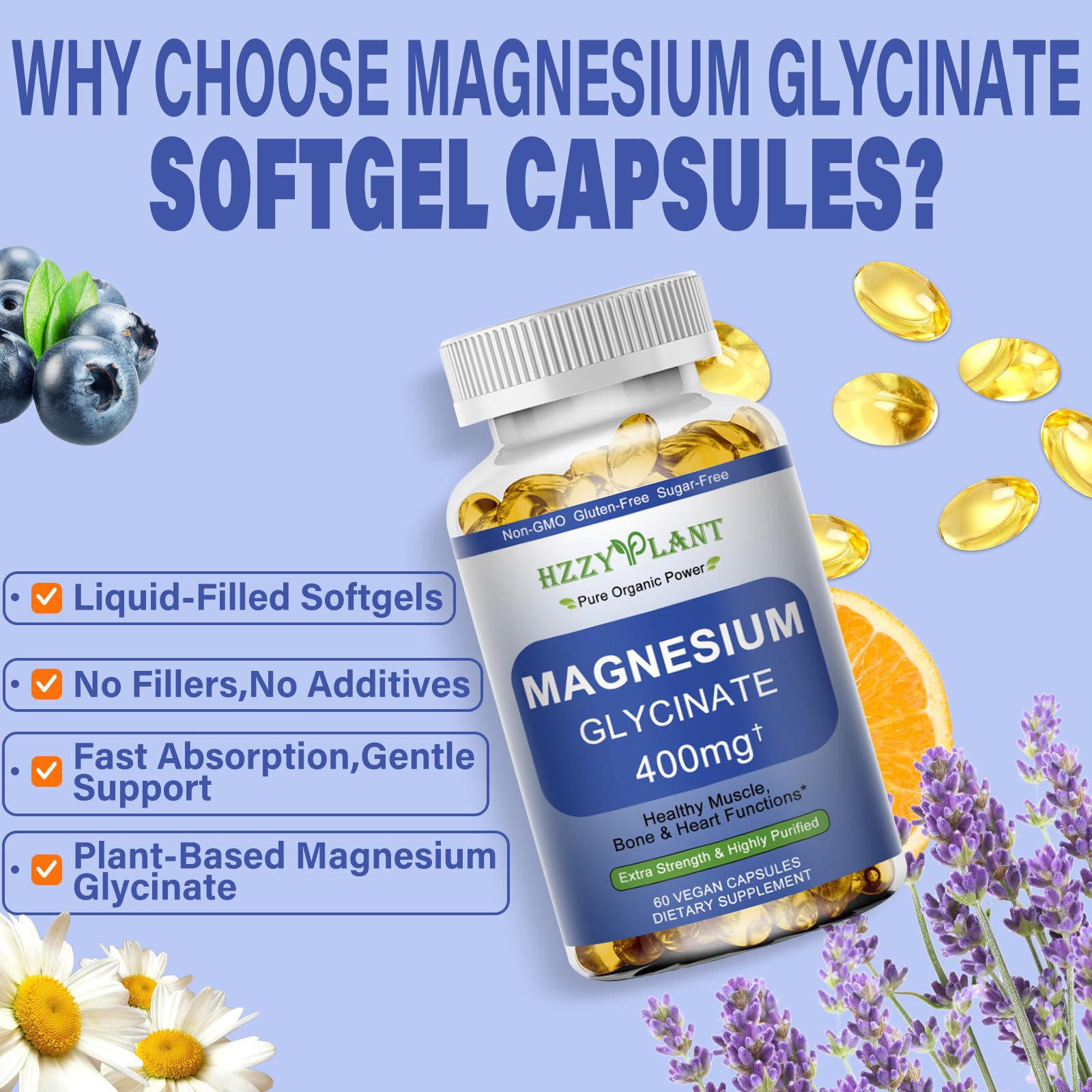 HZZYPLANT Magnesio glicinato 400 mg, soporte para músculos y sueño.