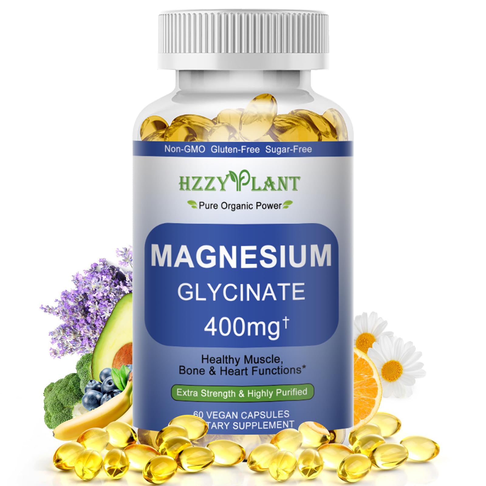 HZZYPLANT Magnesio glicinato cápsula blanda en botella para relajación muscular.