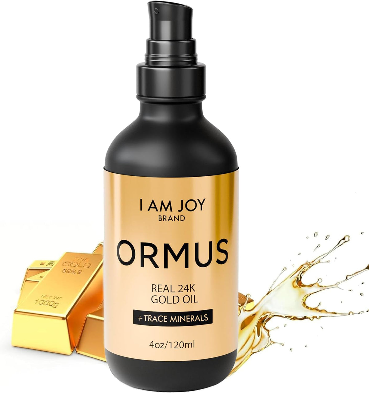 I Am Joy Co. Ormus Gold Oil monoatomico – botella destacada para uso diario y enfoque claro.