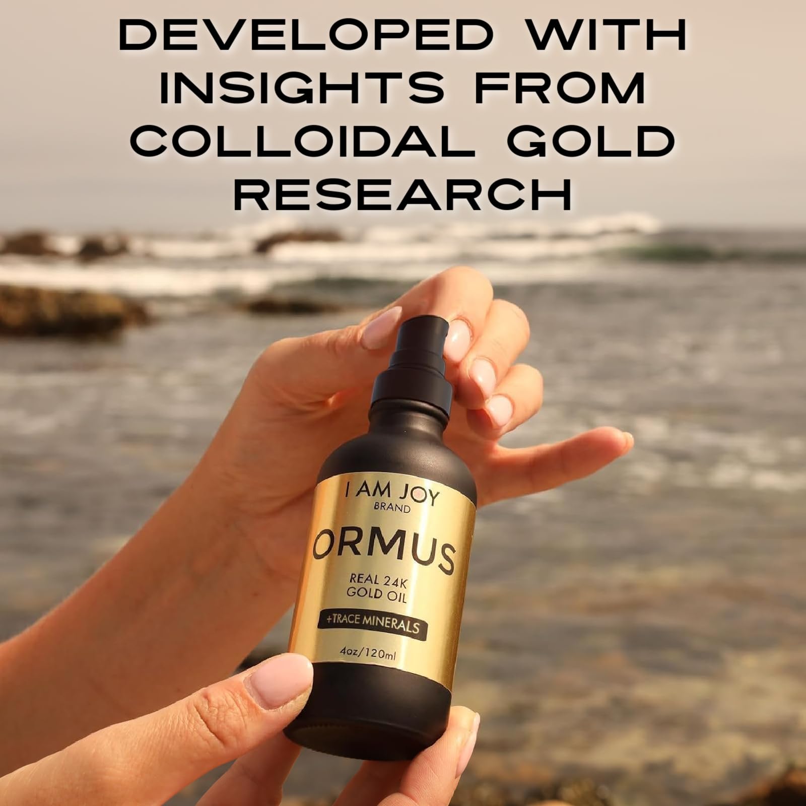 I Am Joy Co. Ormus Gold Oil monoatomico – destello dorado para capturar la esencia del producto.