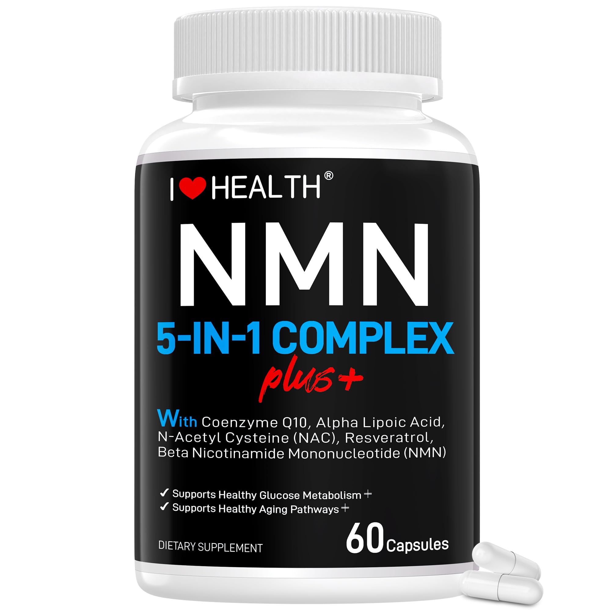I LOVE HEALTH NMN Complex Plus+ en botella frontal para energía diaria.