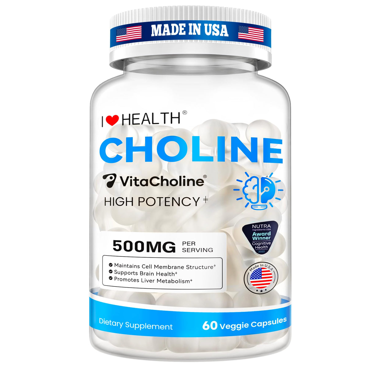 I LOVE HEALTH VitaCholine 500 mg, botella de cápsulas líquidas para uso diario durante el embarazo.