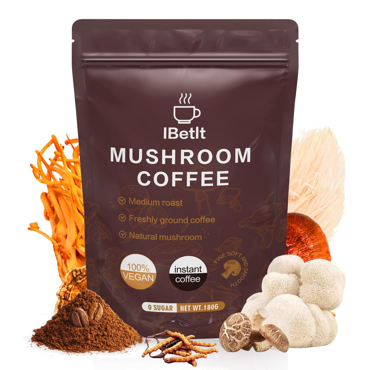 IBetIt café orgánico con hongos, taza caliente para energía suave.