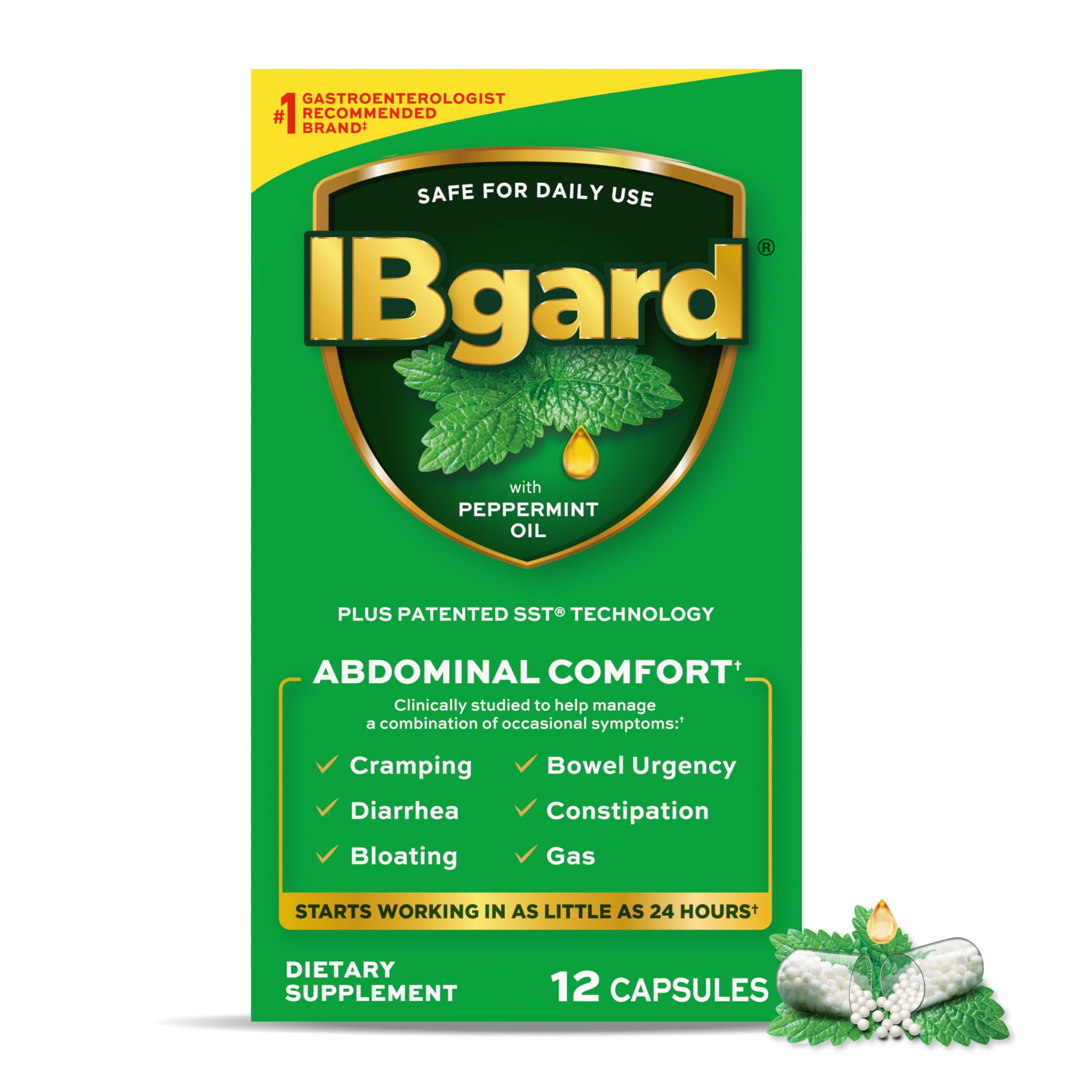 IBgard cápsulas de menta ultrapurificada, liberación localizada para confort abdominal.