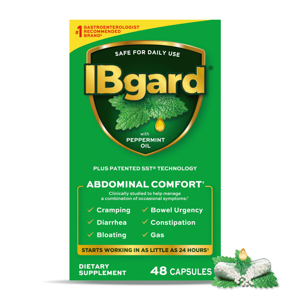 Ibgard capsulas-menta-botella-frontal promueve comodidad digestiva diaria.
