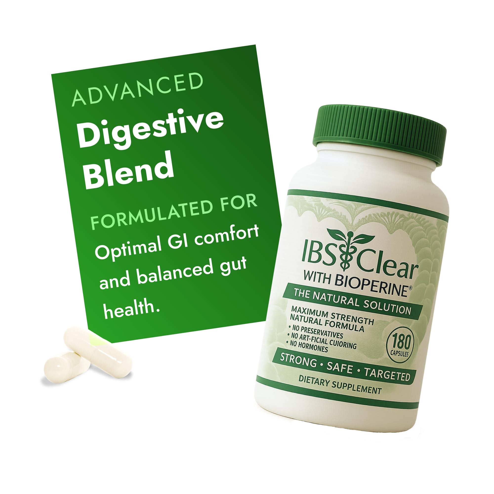 IBS Clear equilibrio de la botella al verter, posible apoyo digestivo diario.