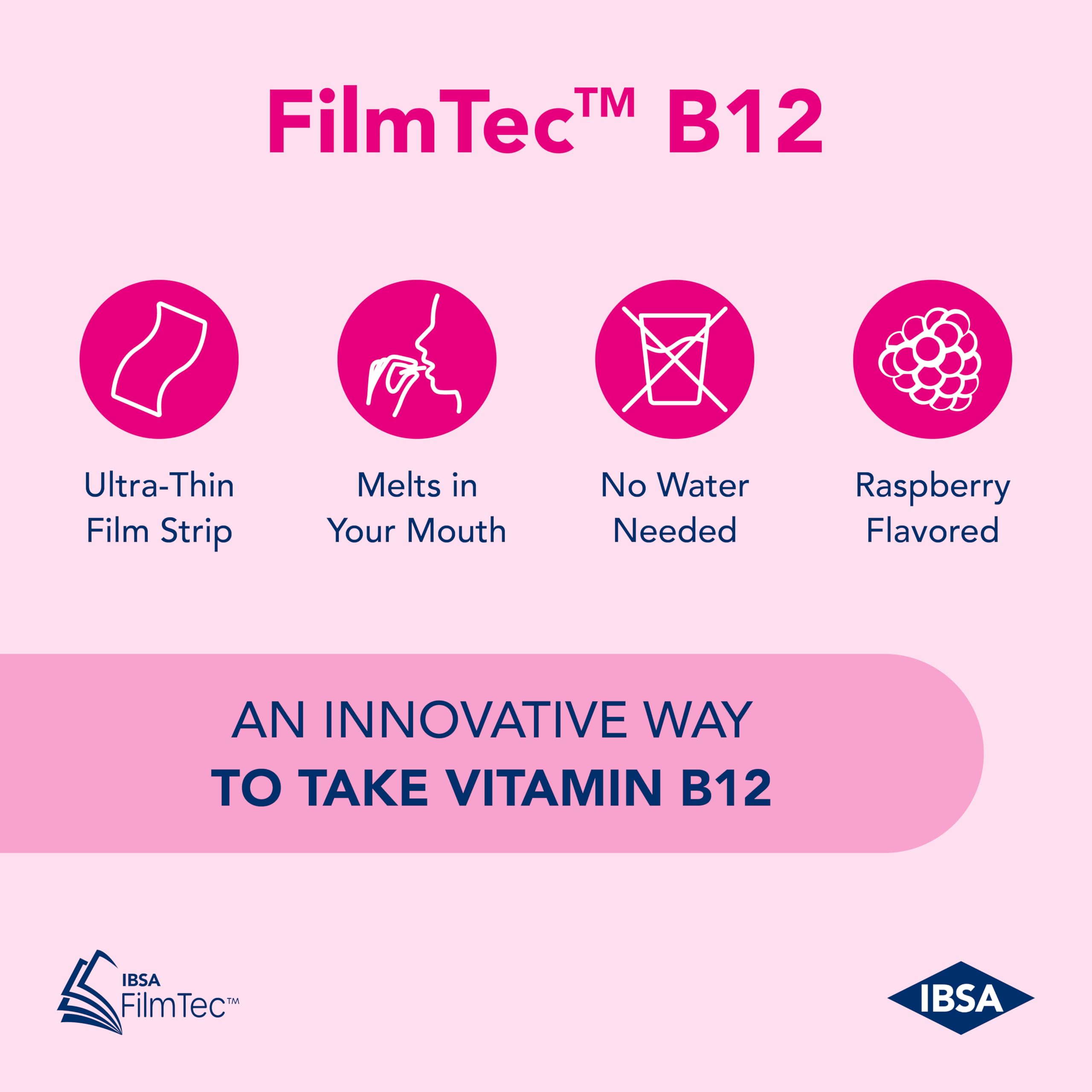 Ibsa FilmTec B12: empaque de 30 tiras para un mes práctico.
