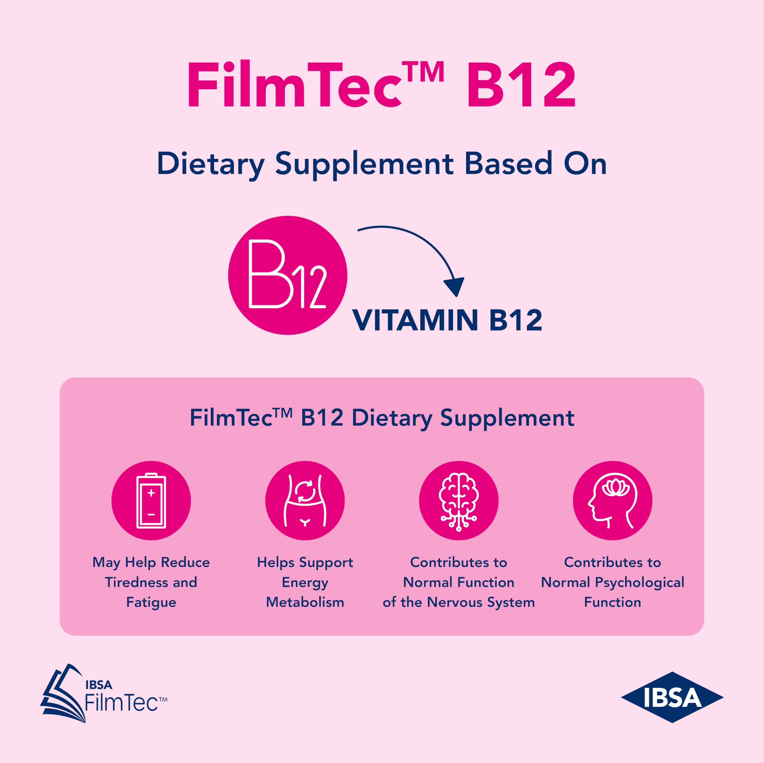 Ibsa FilmTec B12: sin gluten, lactosa, azúcar y OGM, apto para diversas dietas.