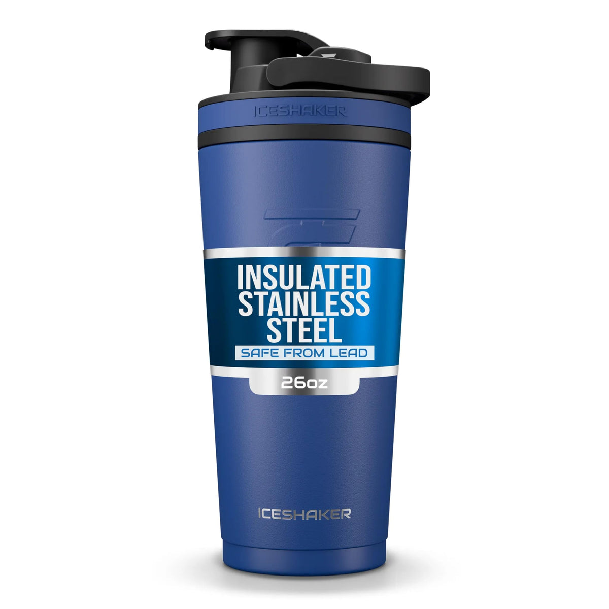 Ice Shaker 26oz navy, botella aislada, mantiene bebidas frías por horas largas.