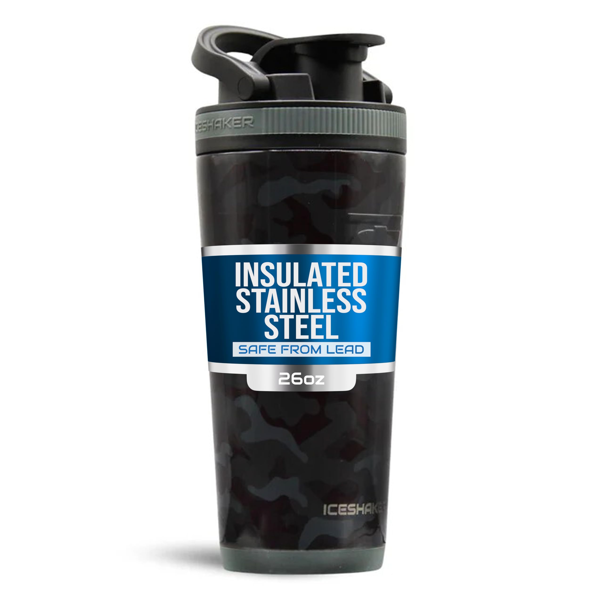 Ice Shaker, botella aislada en camuflaje negro para mantener bebidas frías.