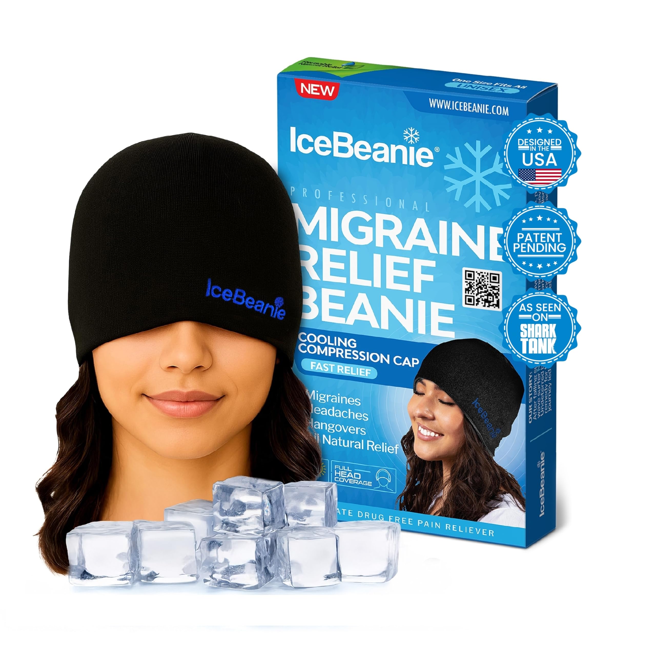 IceBeanie Gorra alivia migraña con cobertura 360 para cabeza y ojos.