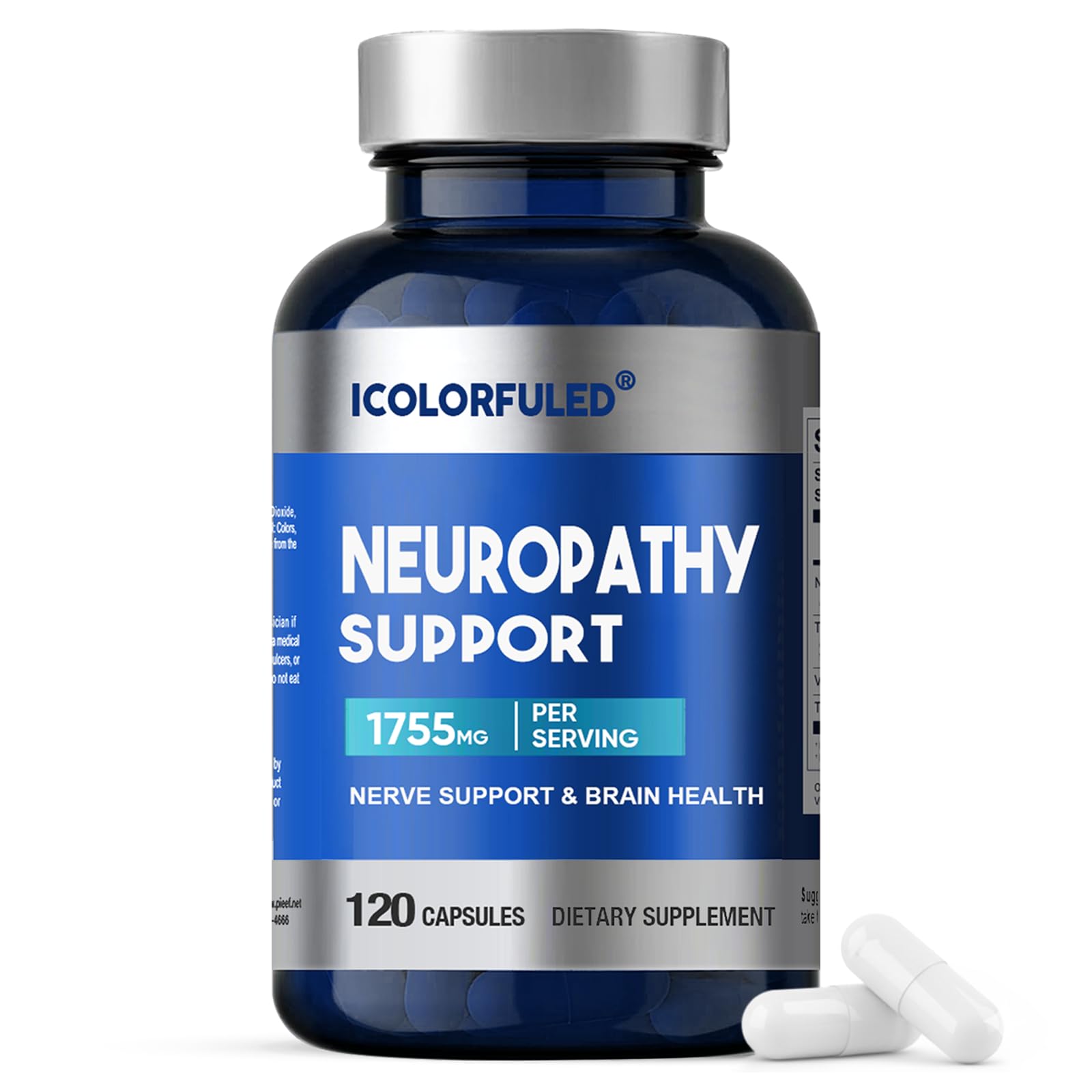 icolorfuled neuropatia cápsulas en botella, soporte nervioso potencial para bienestar diario.
