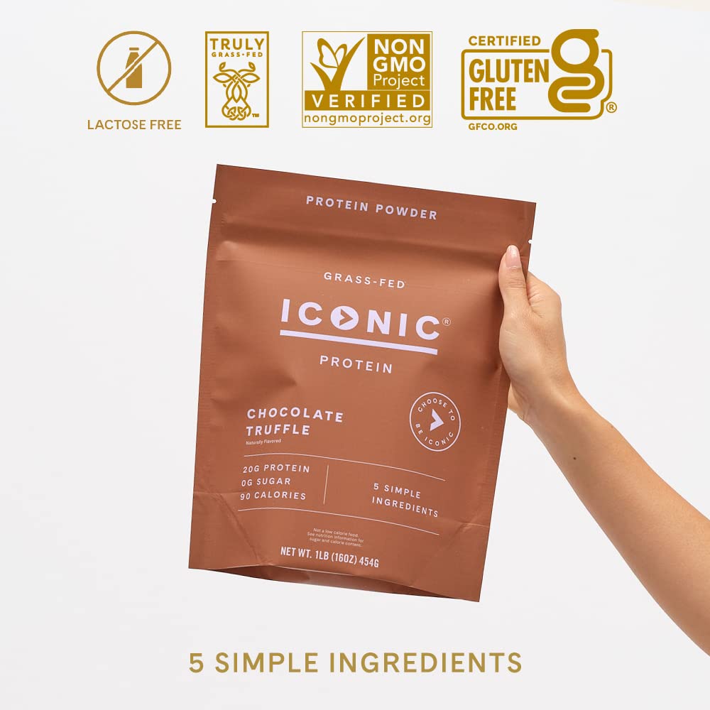 ICONIC Proteína en polvo Chocolate Truffle, etiqueta con 5 ingredientes naturales para recetas rápidas.
