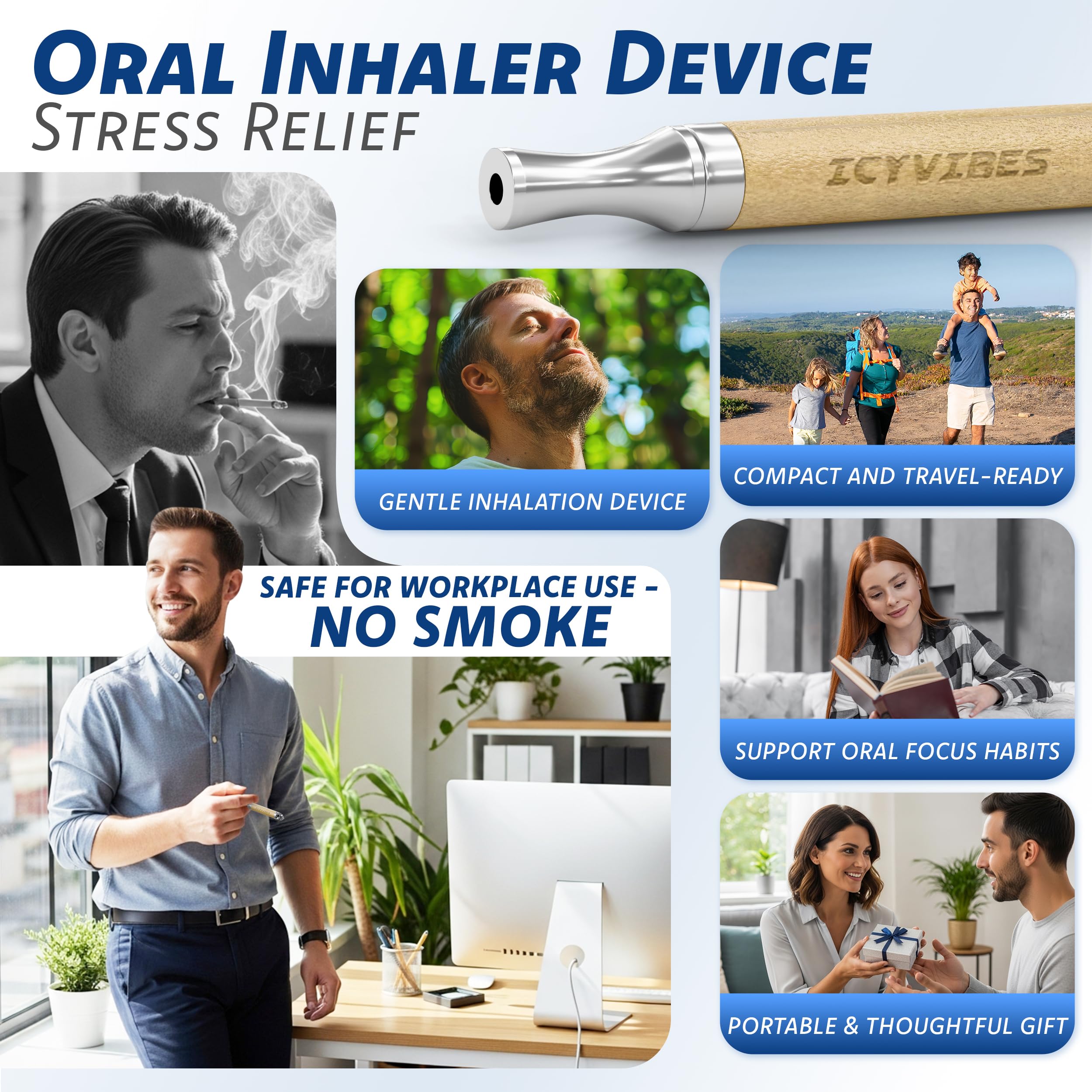 ICYVIBES inhalador oral de madera, uso diario fácil y cómodo.
