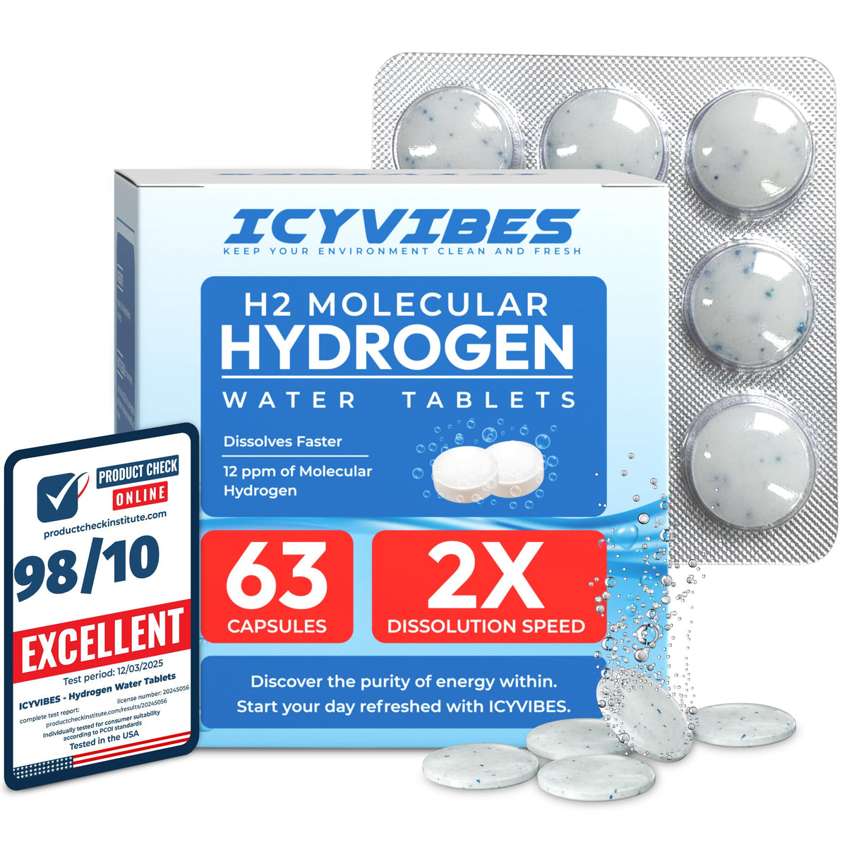 ICYVIBES premium tabletas hidrogeno-mineral en frasco para agua más fresca