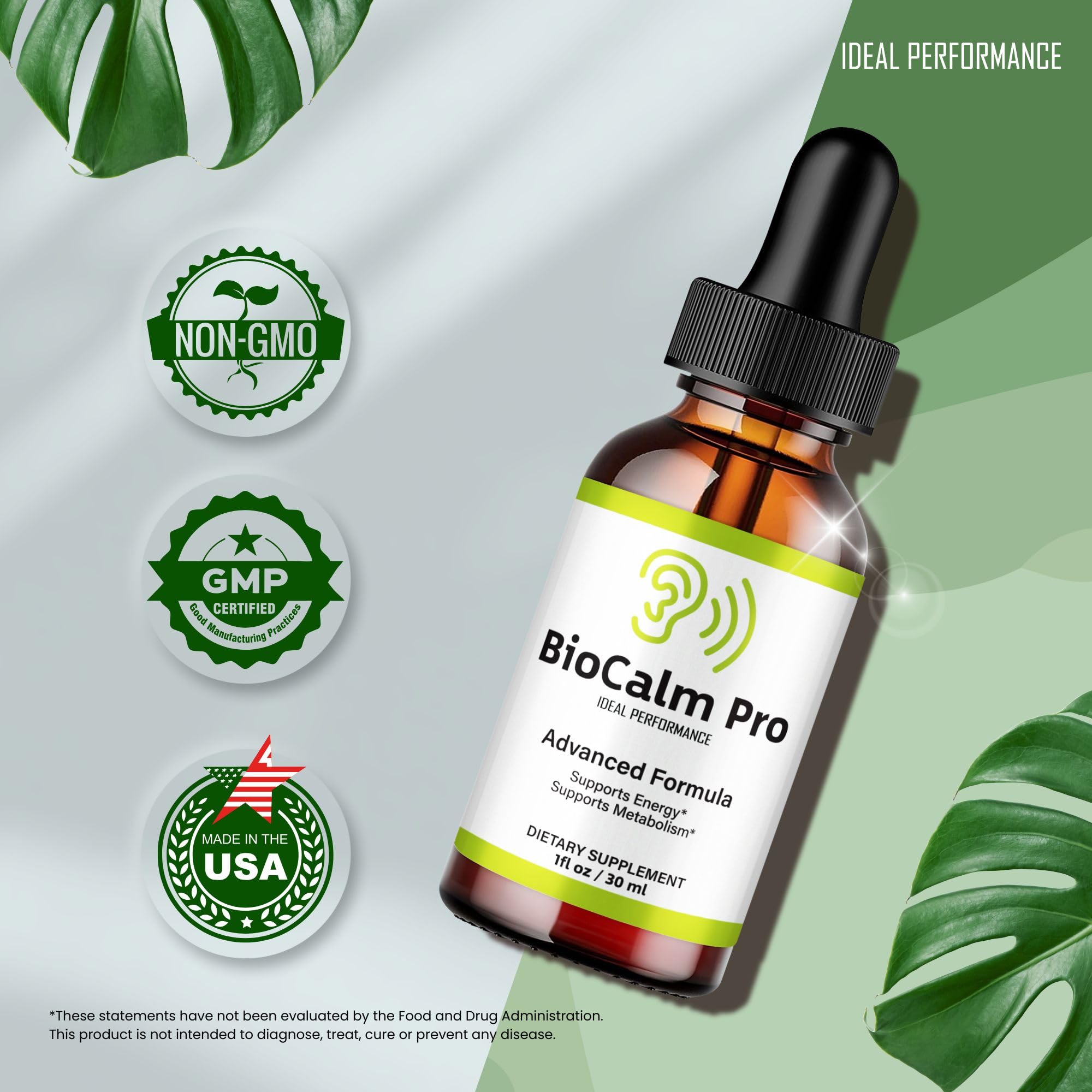 IDEAL PERFORMANCE Bio Calm Pro Tinnitus Drops botella, uso cómodo en casa