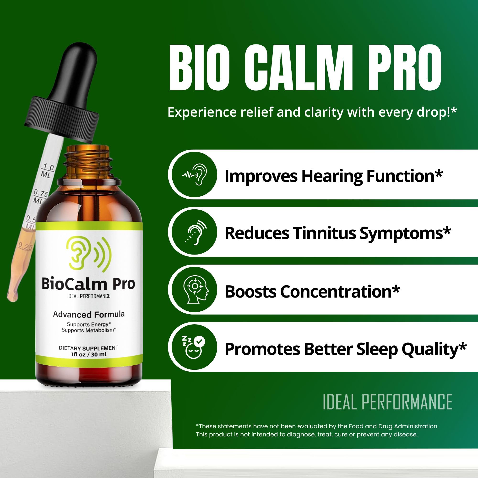 IDEAL PERFORMANCE Bio Calm Pro Tinnitus Drops dosificador, dosificación precisa para rutina diaria
