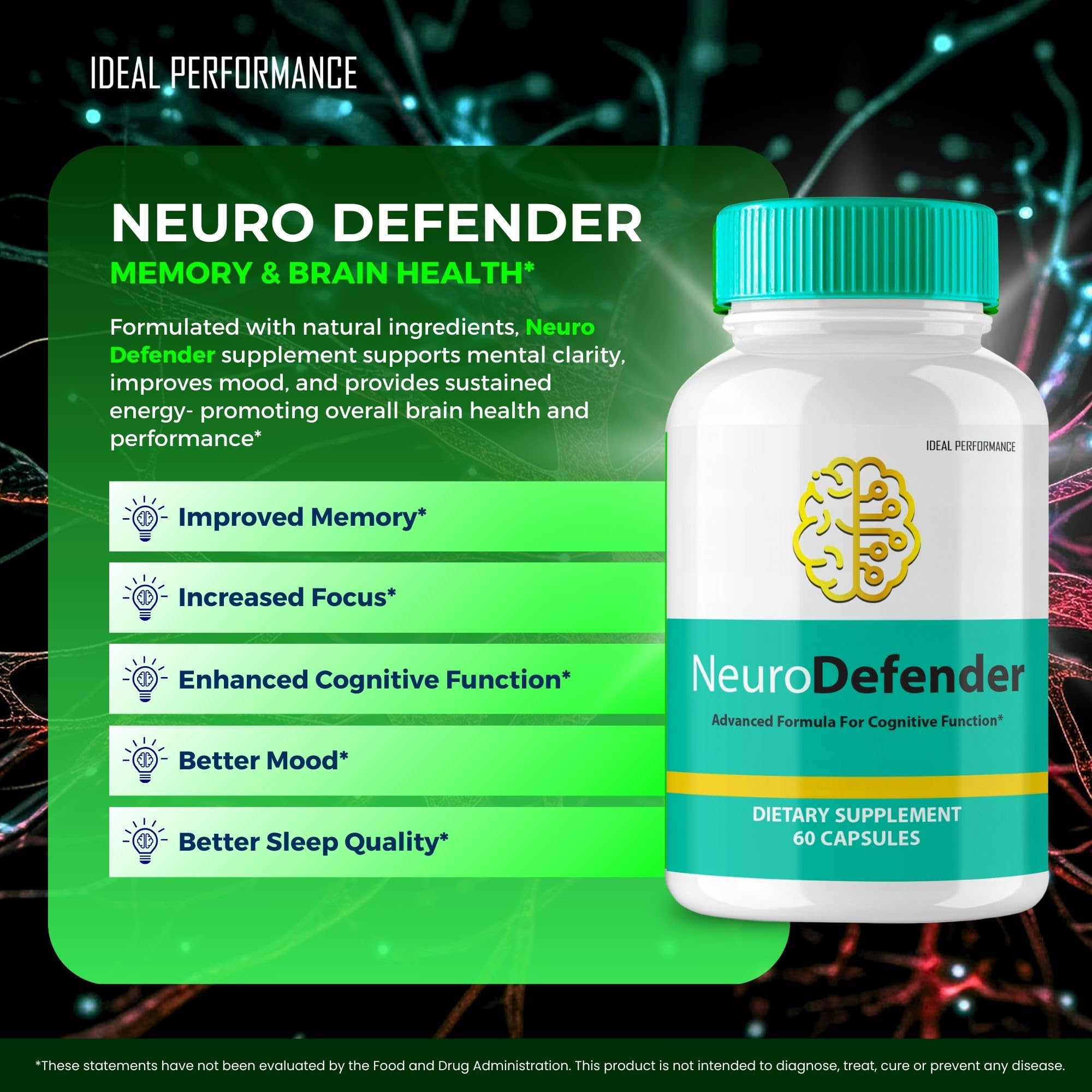 IDEAL PERFORMANCE Neuro Defender: etiqueta clara con dosis y usos recomendados.