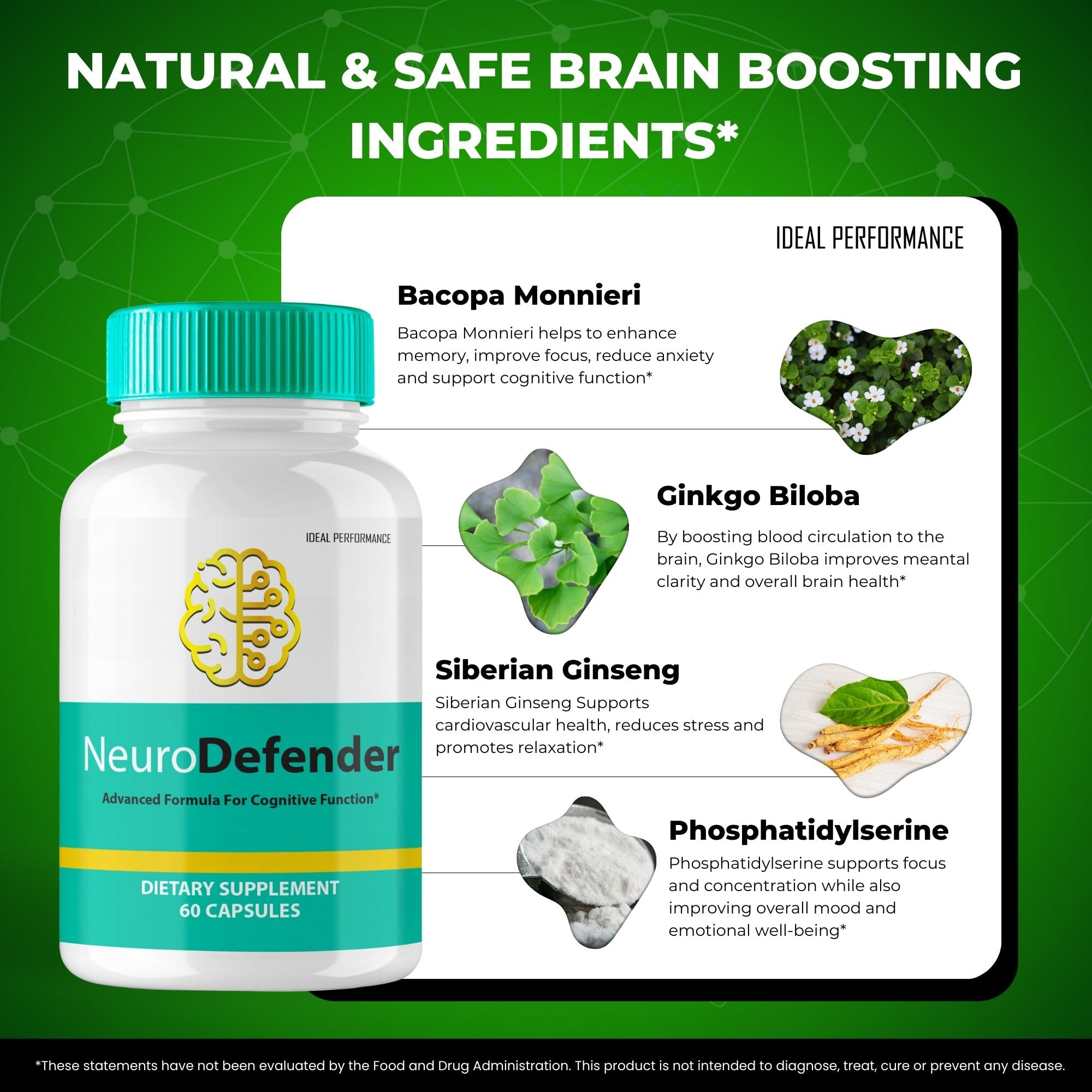 IDEAL PERFORMANCE Neuro Defender: interior del frasco visible para verificar cantidad.