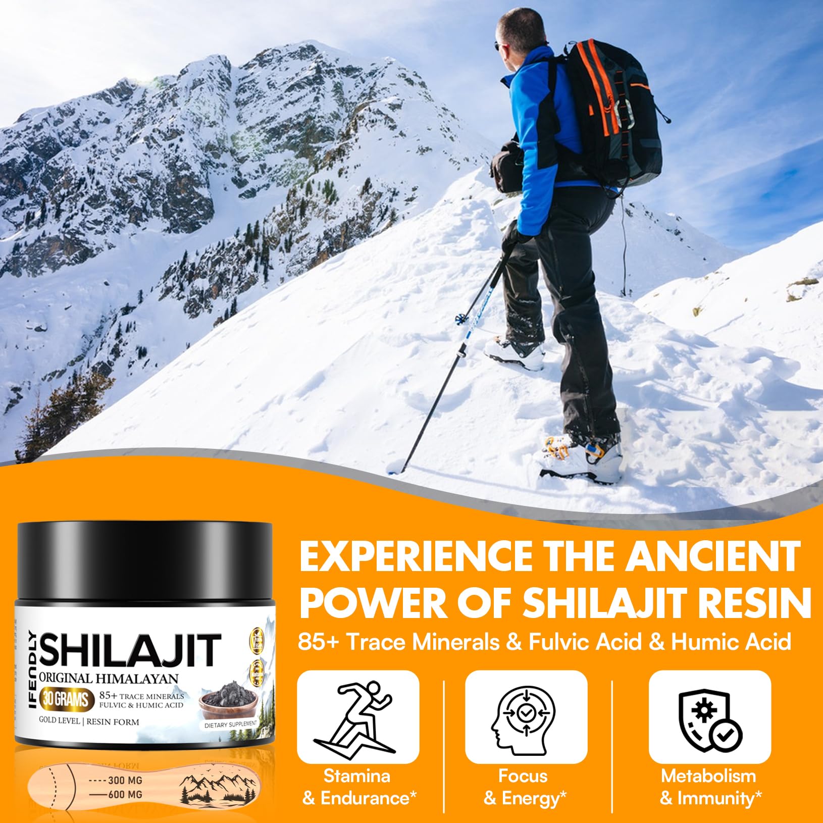ifendly Shilajit Resina envase oscuro que protege la potencia.