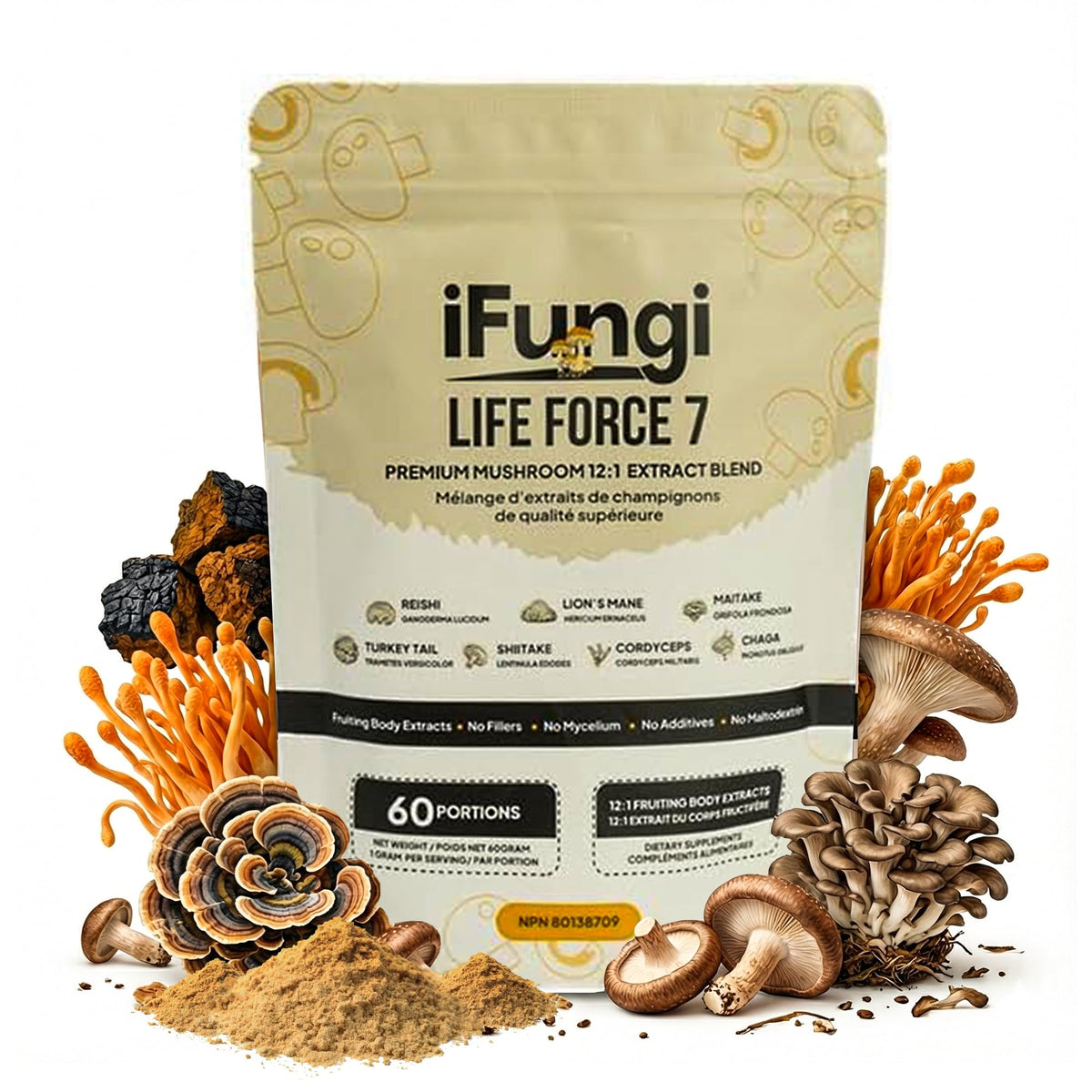 iFungi Life Force 7: botella frontal para energía suave y enfoque diario
