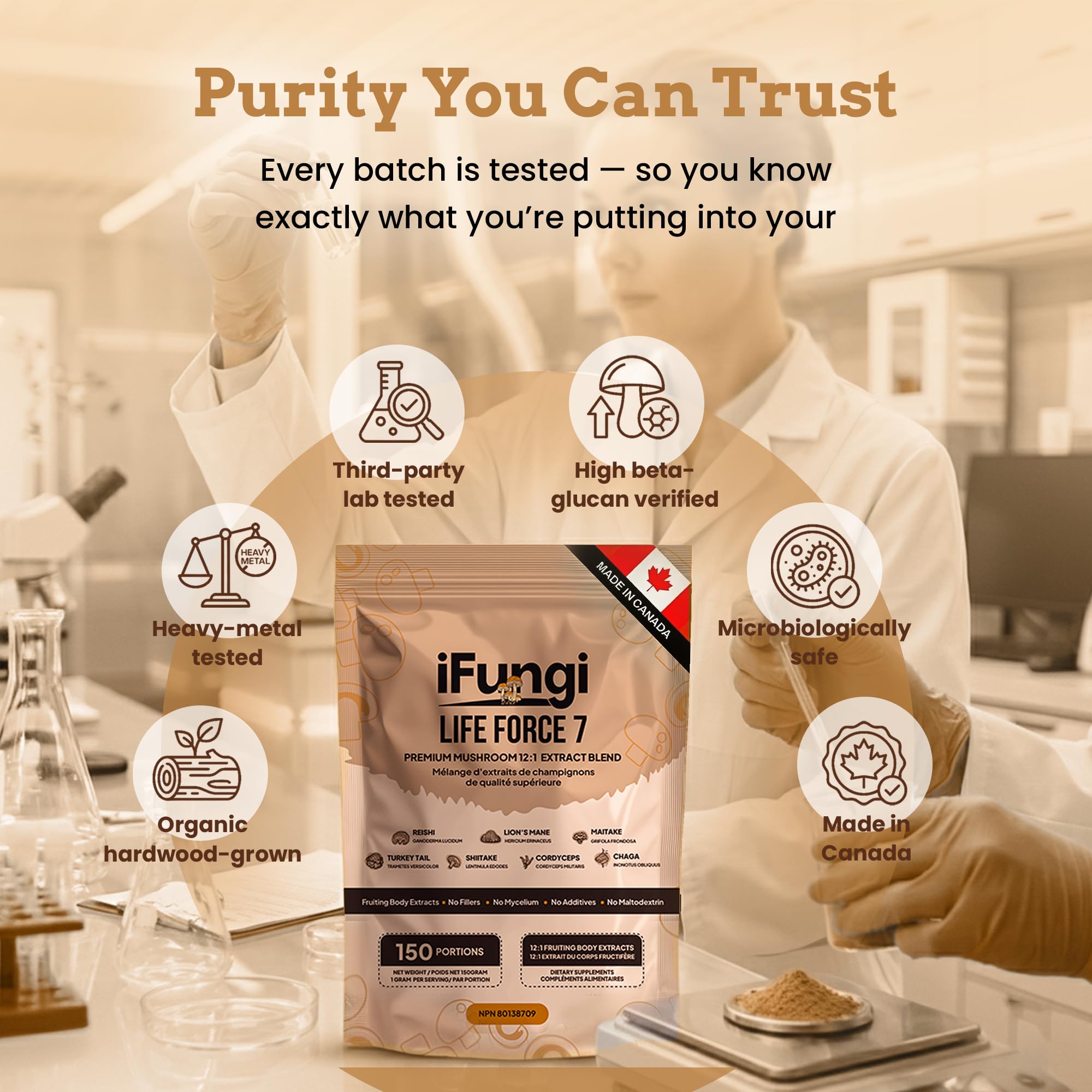 iFungi Life Force 7: etiqueta detallada con información de calidad