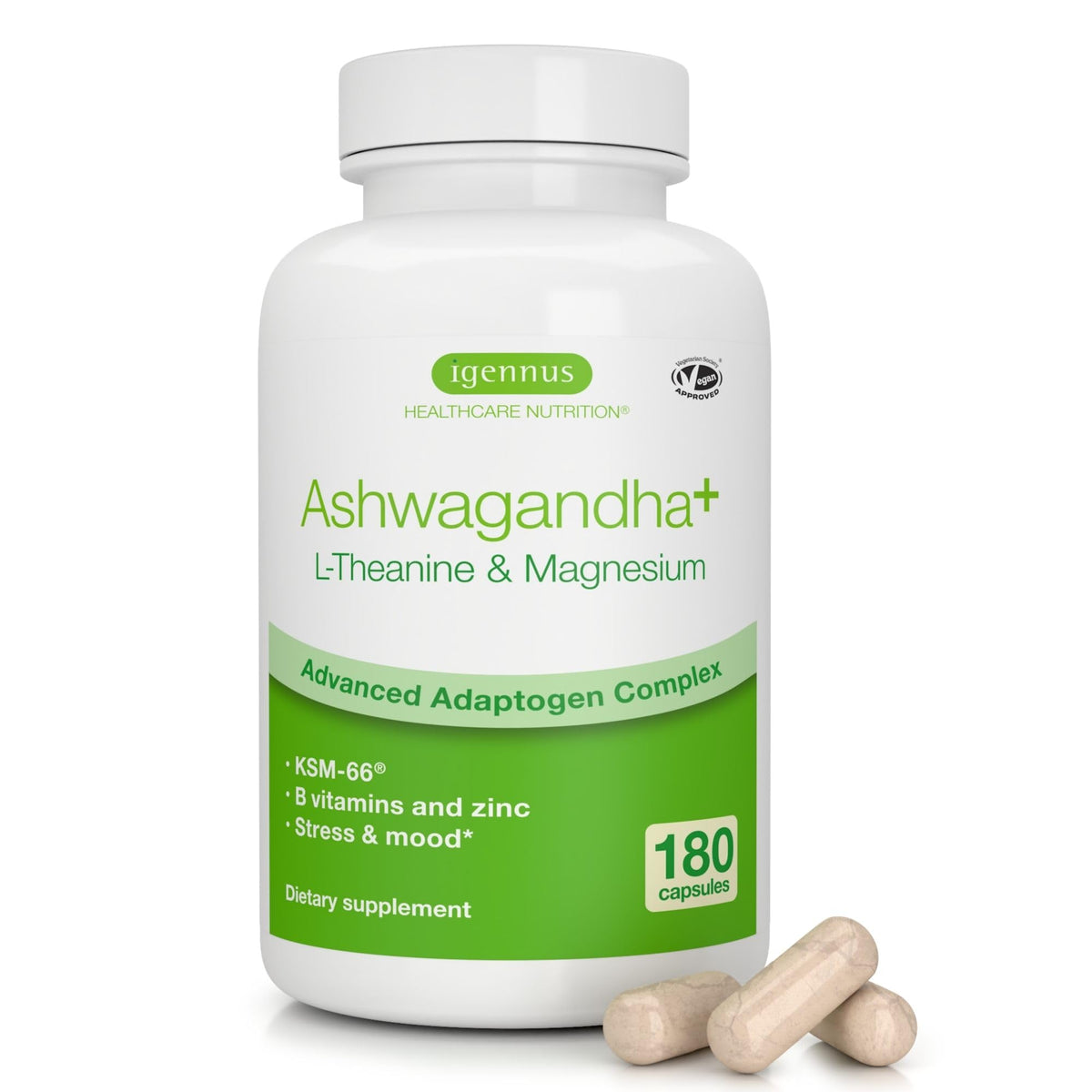 Igennus Ashwagandha KSM-66, cápsulas sobre frasco, apoyo diario para el estrés.