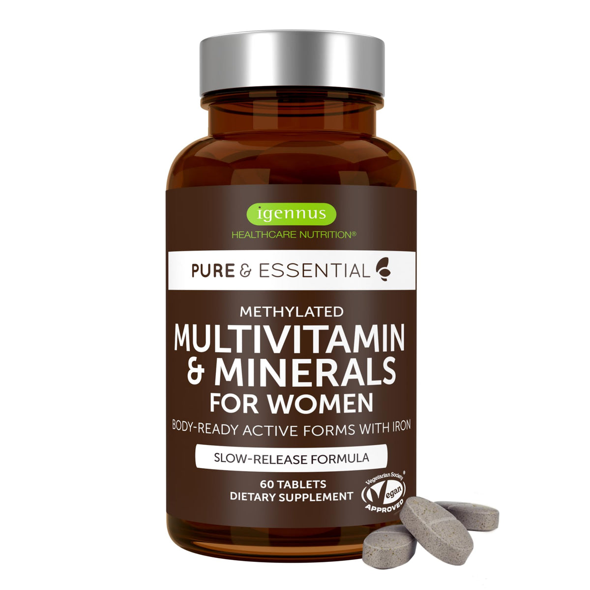 Igennus multivitaminas mujer, botella visible para energía diaria.