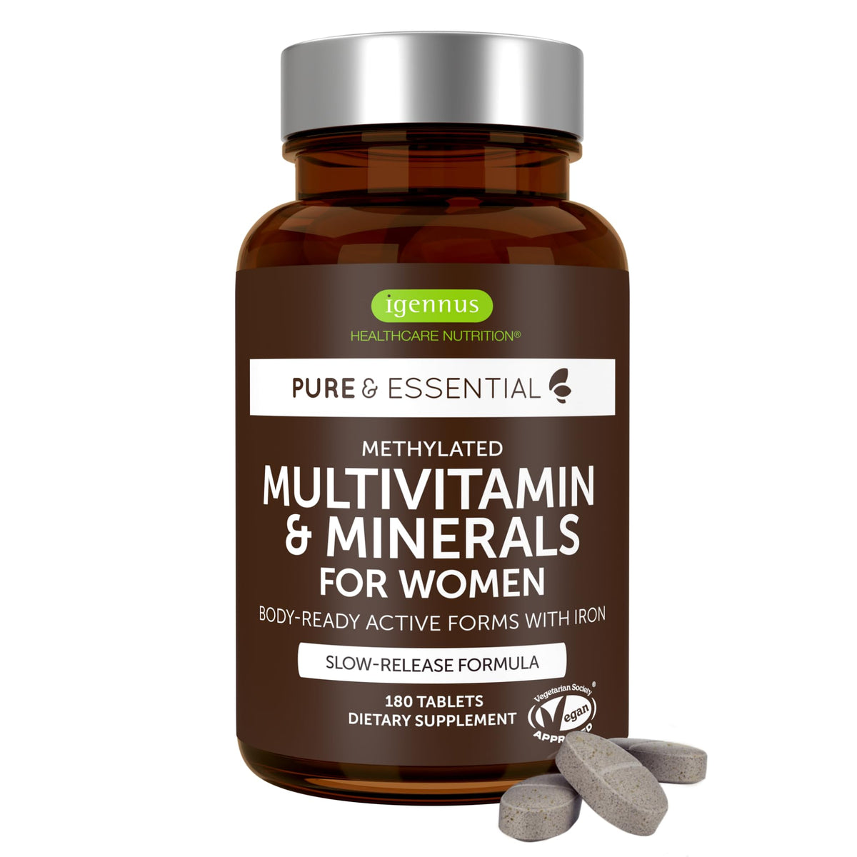 Igennus multivitamínico para mujer de alta potencia, frasco, apoyo diario de energía.