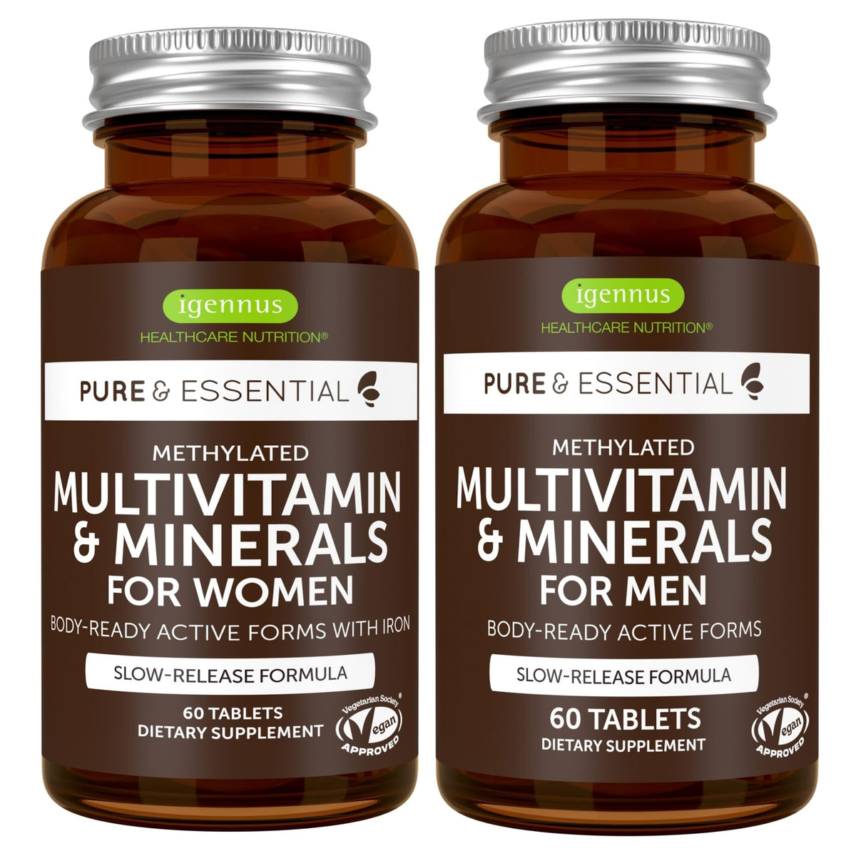 Igennus multivitaminos metilados en botella dos-pack para uso diario.