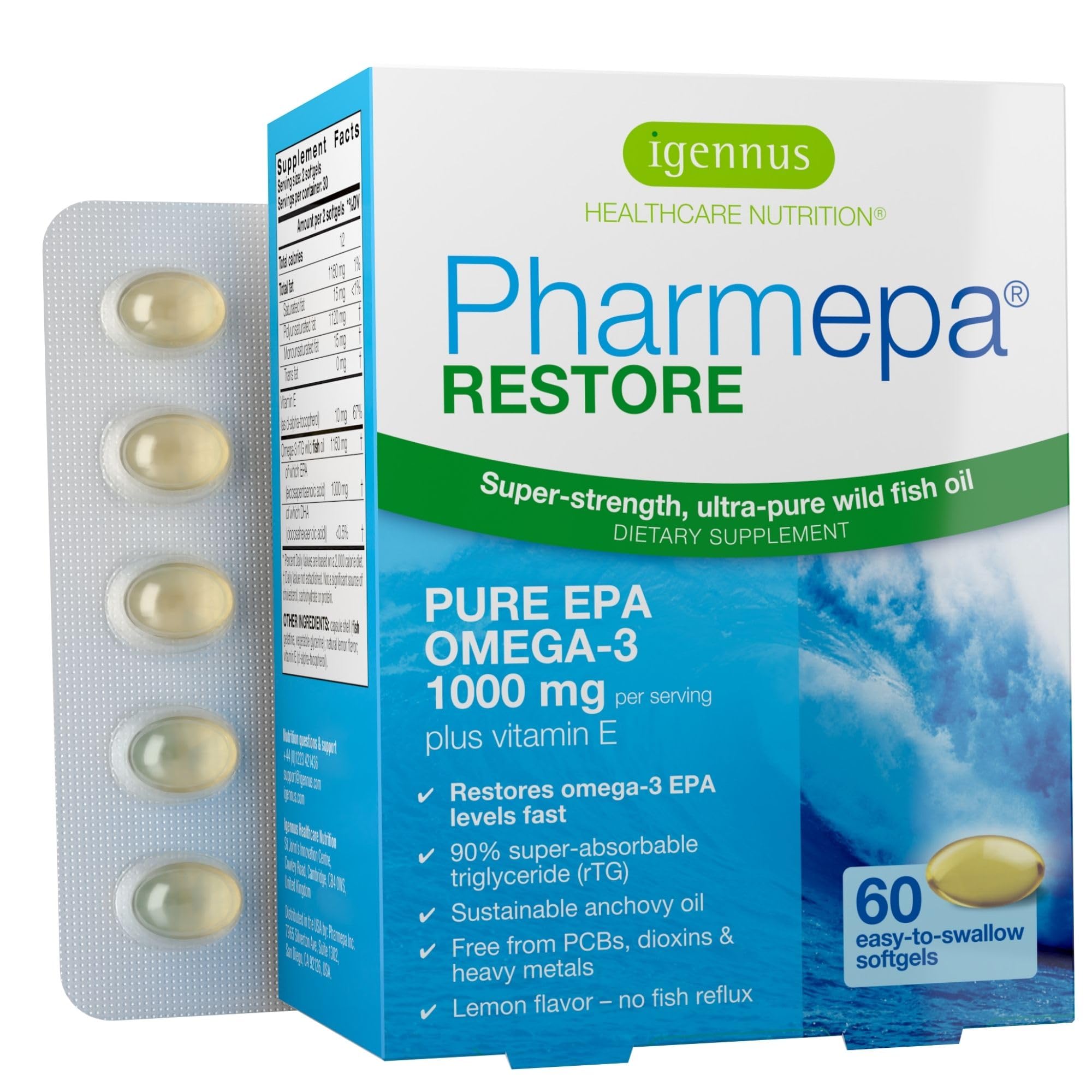Igennus Pharmepa Restore, botella de cápsulas blandas con alta absorción de EPA.