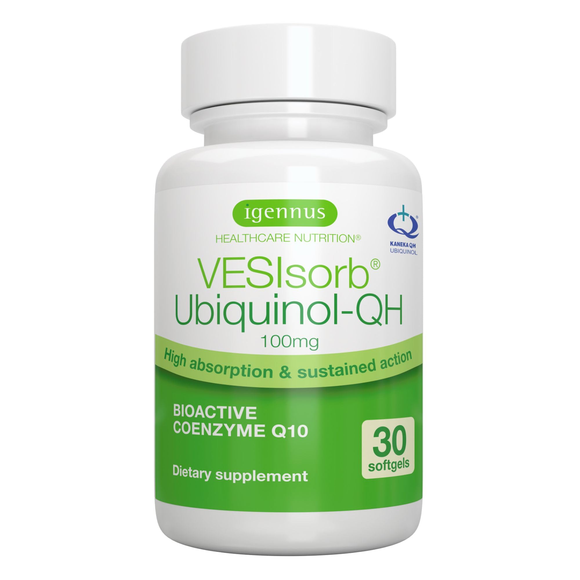 Igennus ubiquinol en cápsulas blandas dentro de la botella para uso diario.