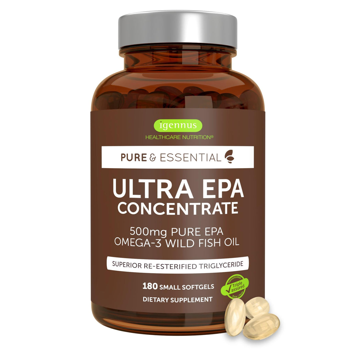 Igennus Ultra Pure Omega-3 EPA 500mg, botella frontal, posible apoyo a la salud diaria.