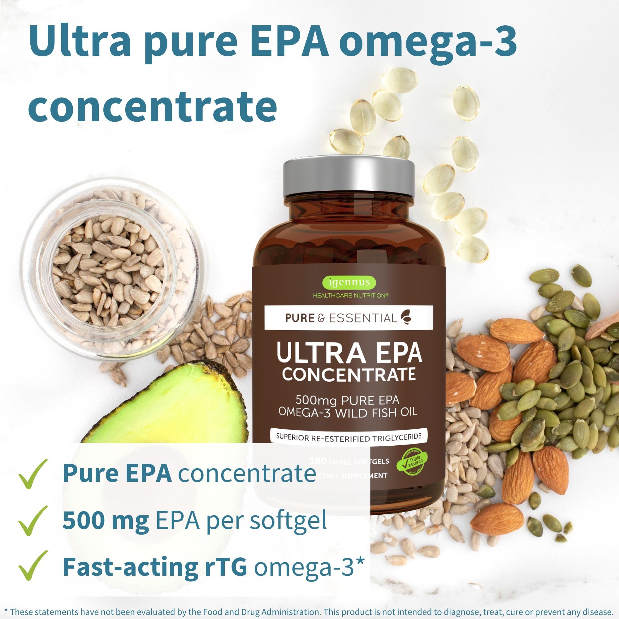 Etiqueta detallada de Igennus Ultra Pure Omega-3 EPA 500mg, muestra de pureza.