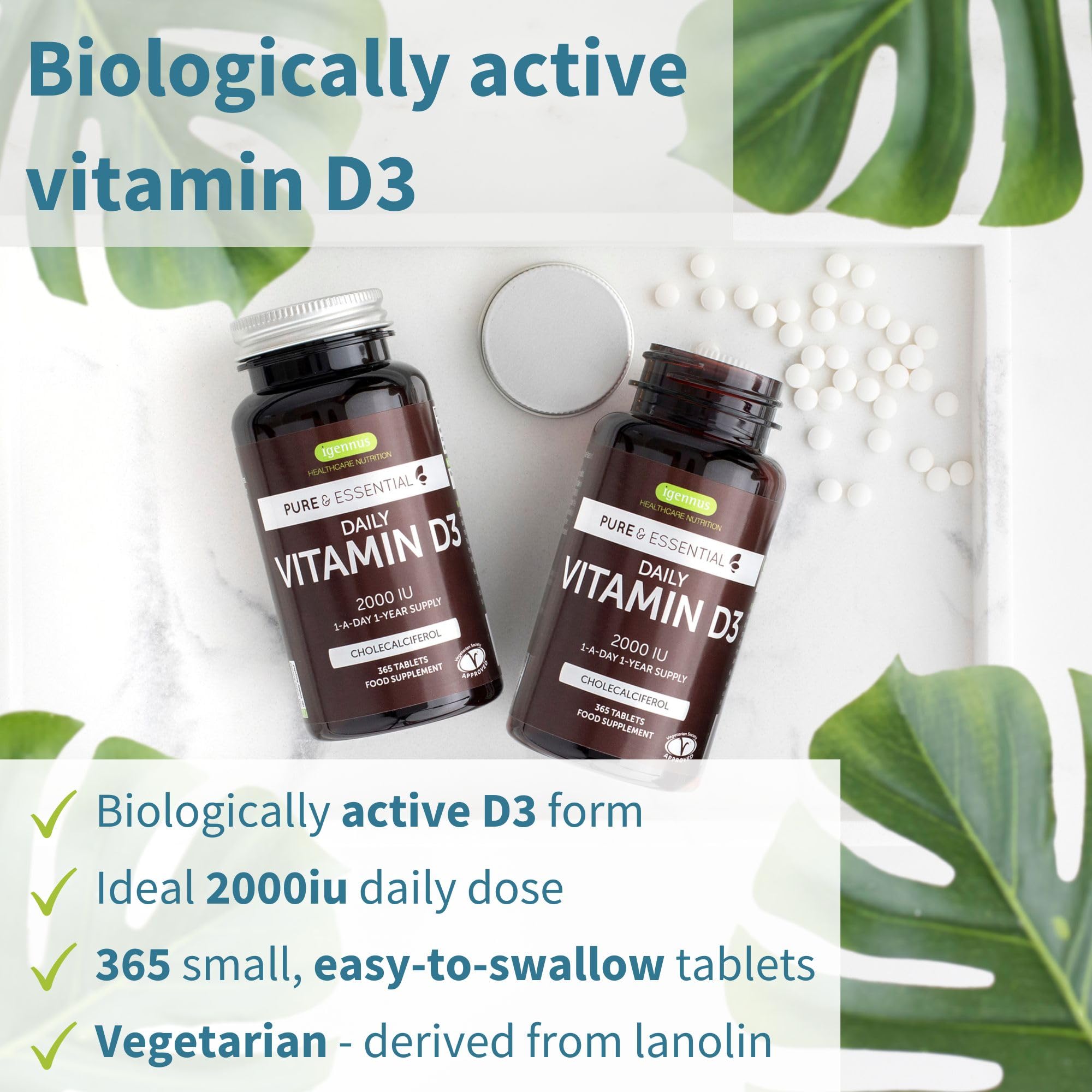 Envase de Igennus Vitamina D3 2000 UI con 365 tabletas en primer plano.