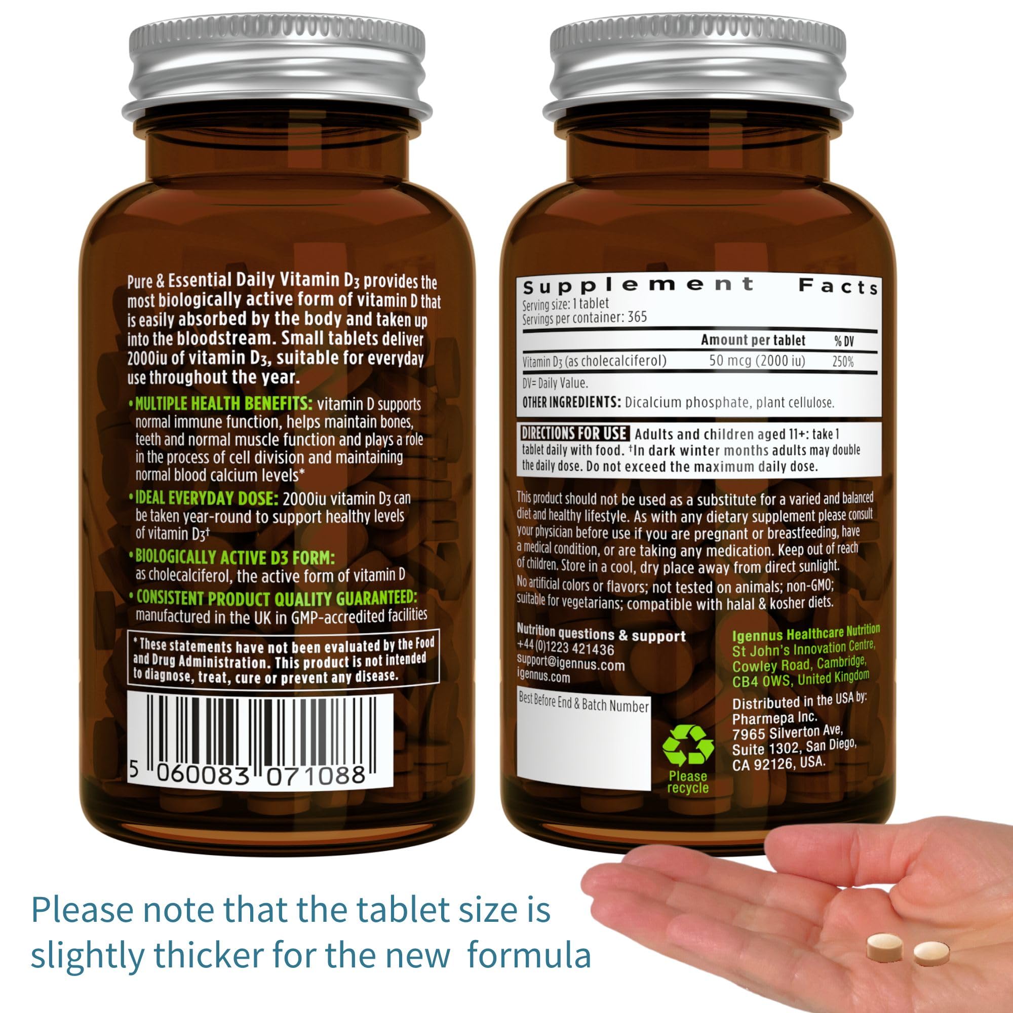 Ingredientes puros en Igennus Vitamina D3 2000 UI, sin GMO.